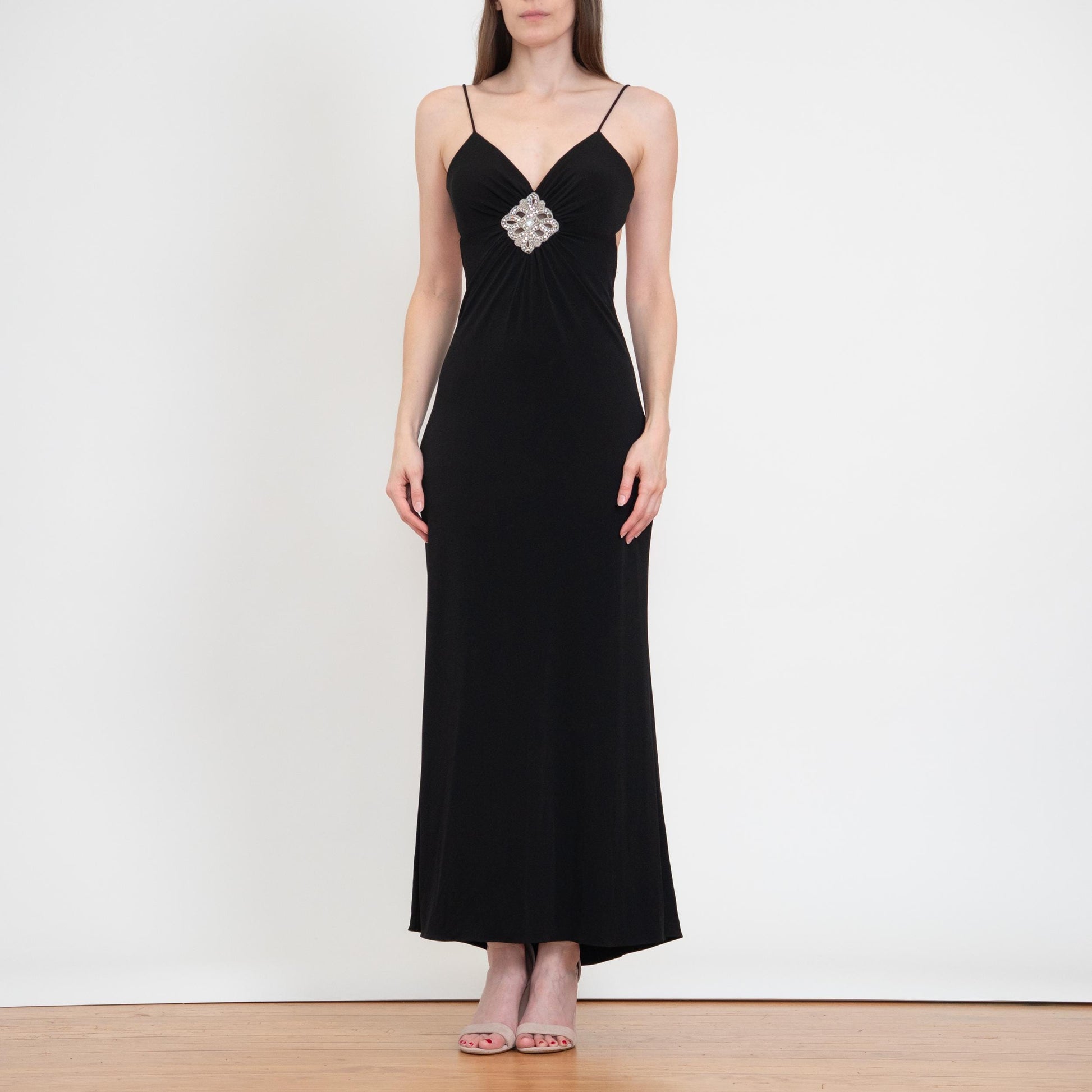 Vintage Y2K Black Rhinestone Trim Backless Maxi Dress - Small | Sexy Formal Party Gown, Wedding Guest Dress