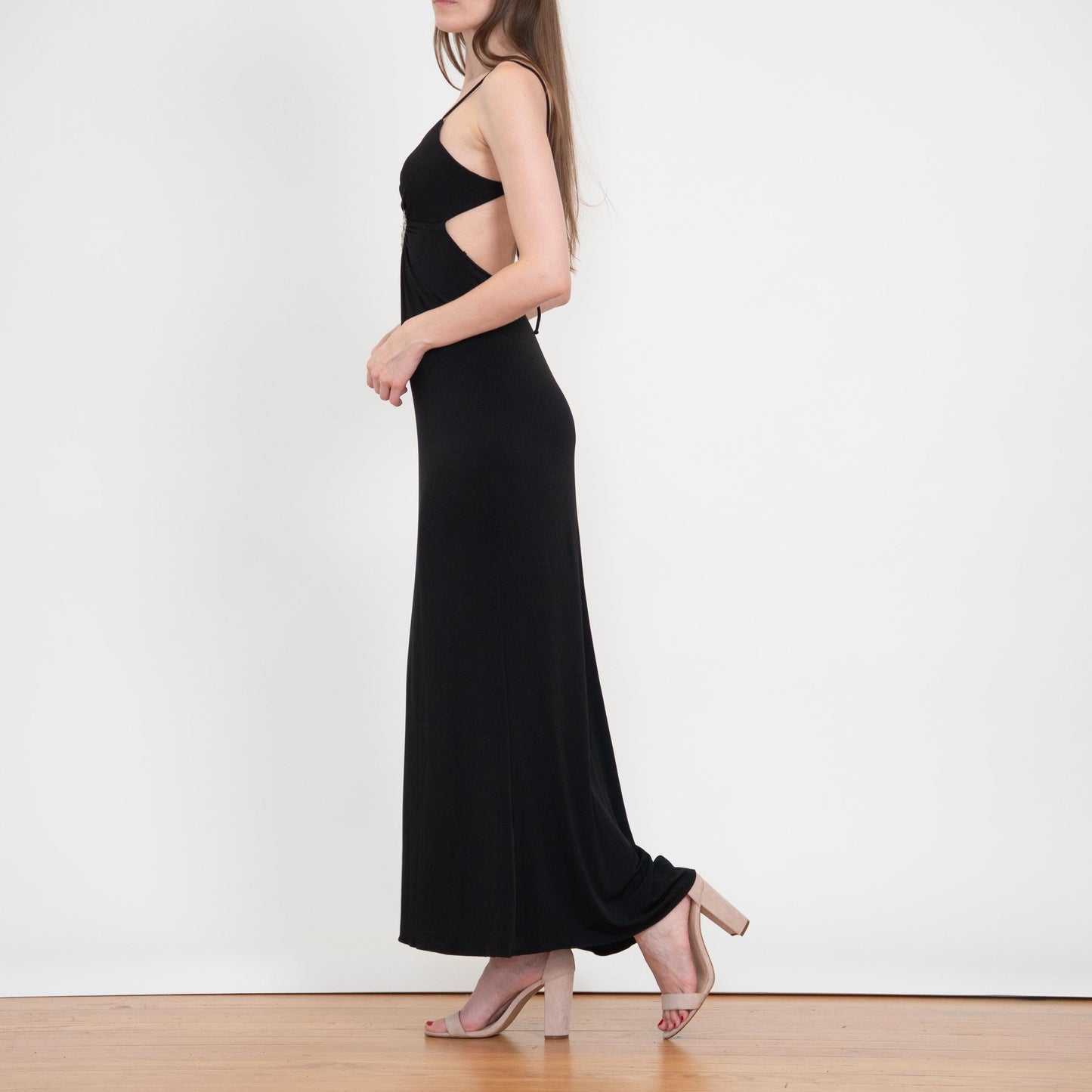 Vintage Y2K Black Rhinestone Trim Backless Maxi Dress - Small | Sexy Formal Party Gown, Wedding Guest Dress