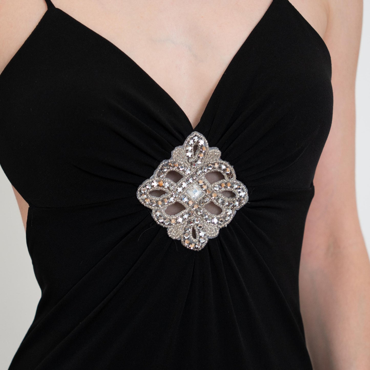 Vintage Y2K Black Rhinestone Trim Backless Maxi Dress - Small | Sexy Formal Party Gown, Wedding Guest Dress