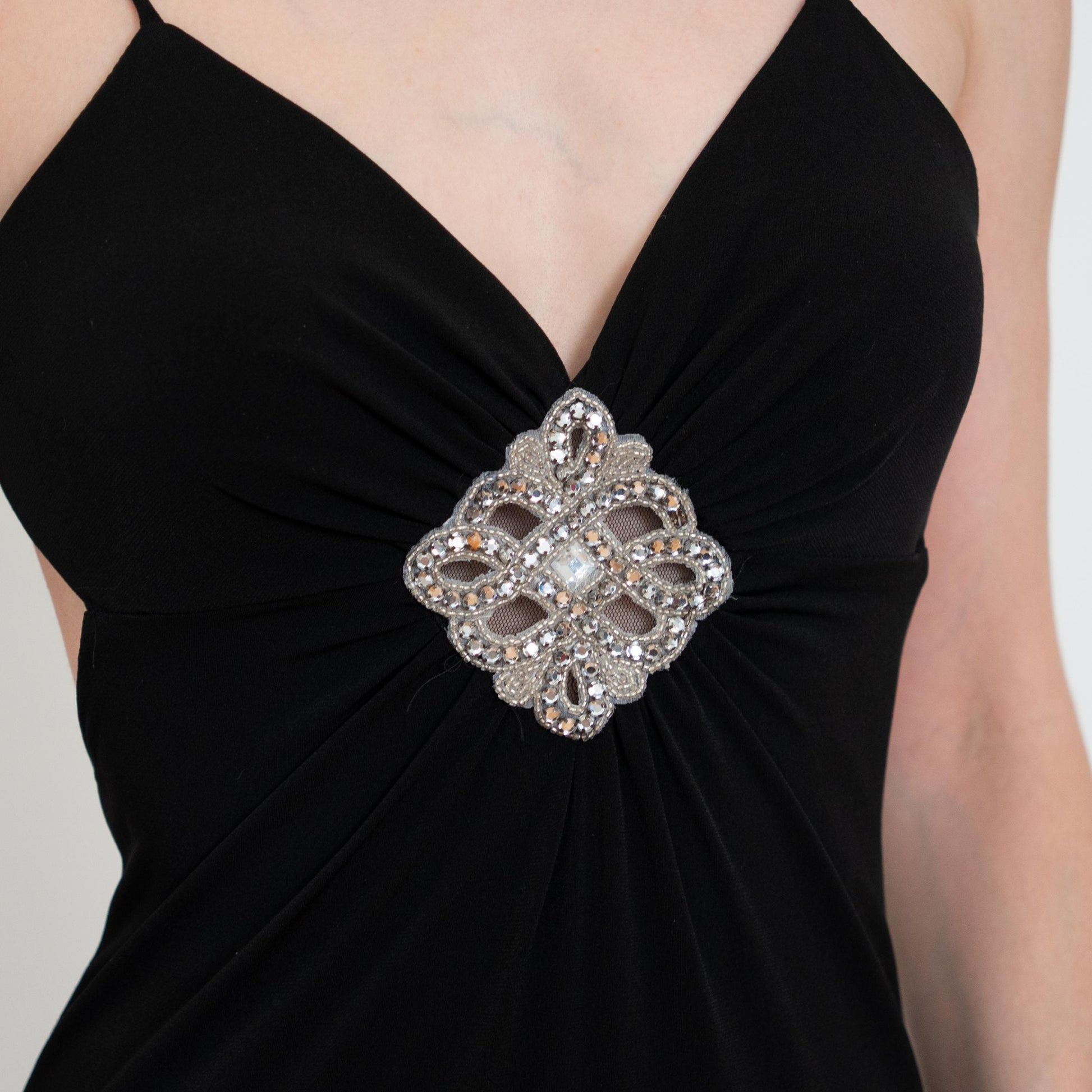 Vintage Y2K Black Rhinestone Trim Backless Maxi Dress - Small | Sexy Formal Party Gown, Wedding Guest Dress