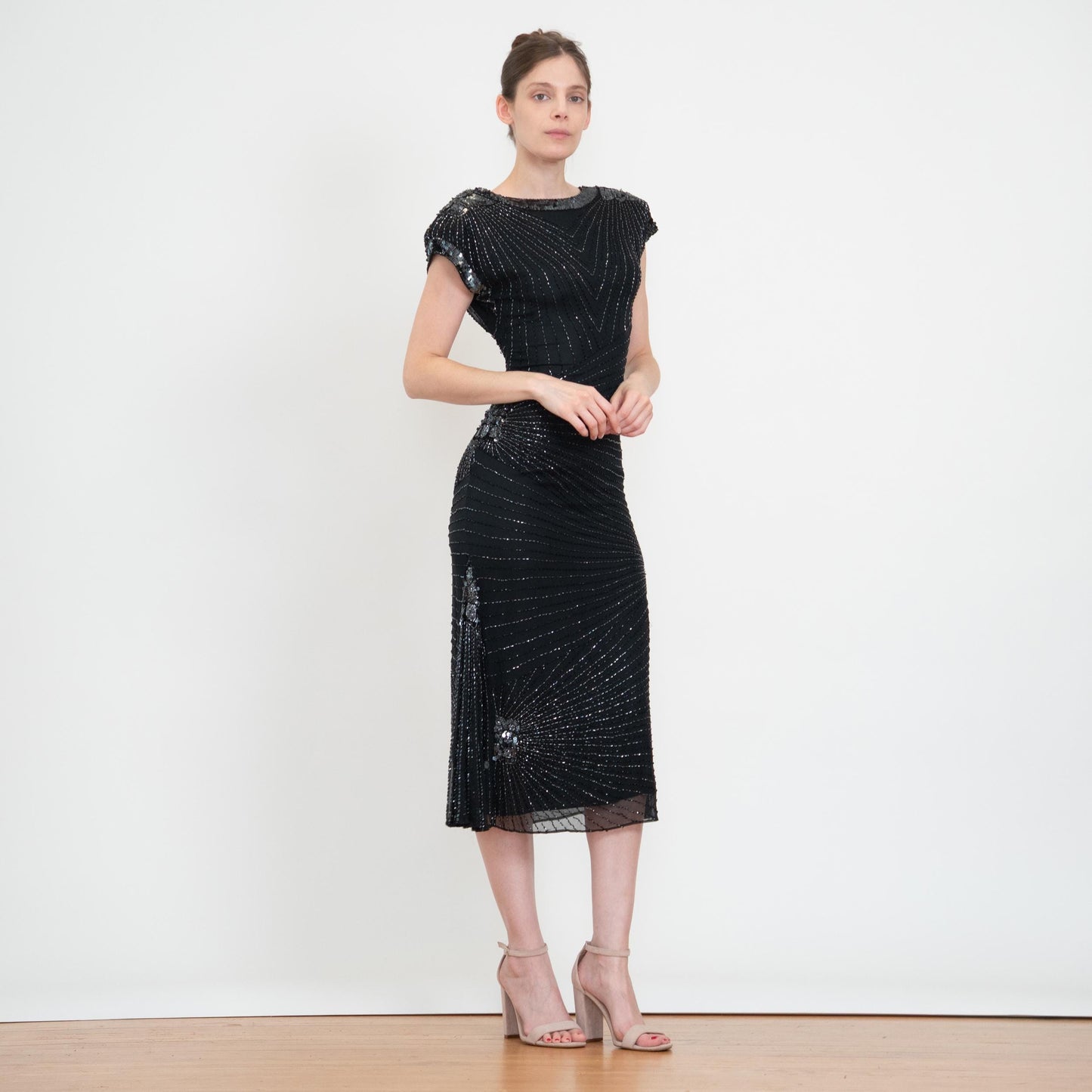 Vintage 80s Oleg Cassini Black Silk Beaded Evening Dress - XS to Small | Open Keyhole Back Formal Midi Dress