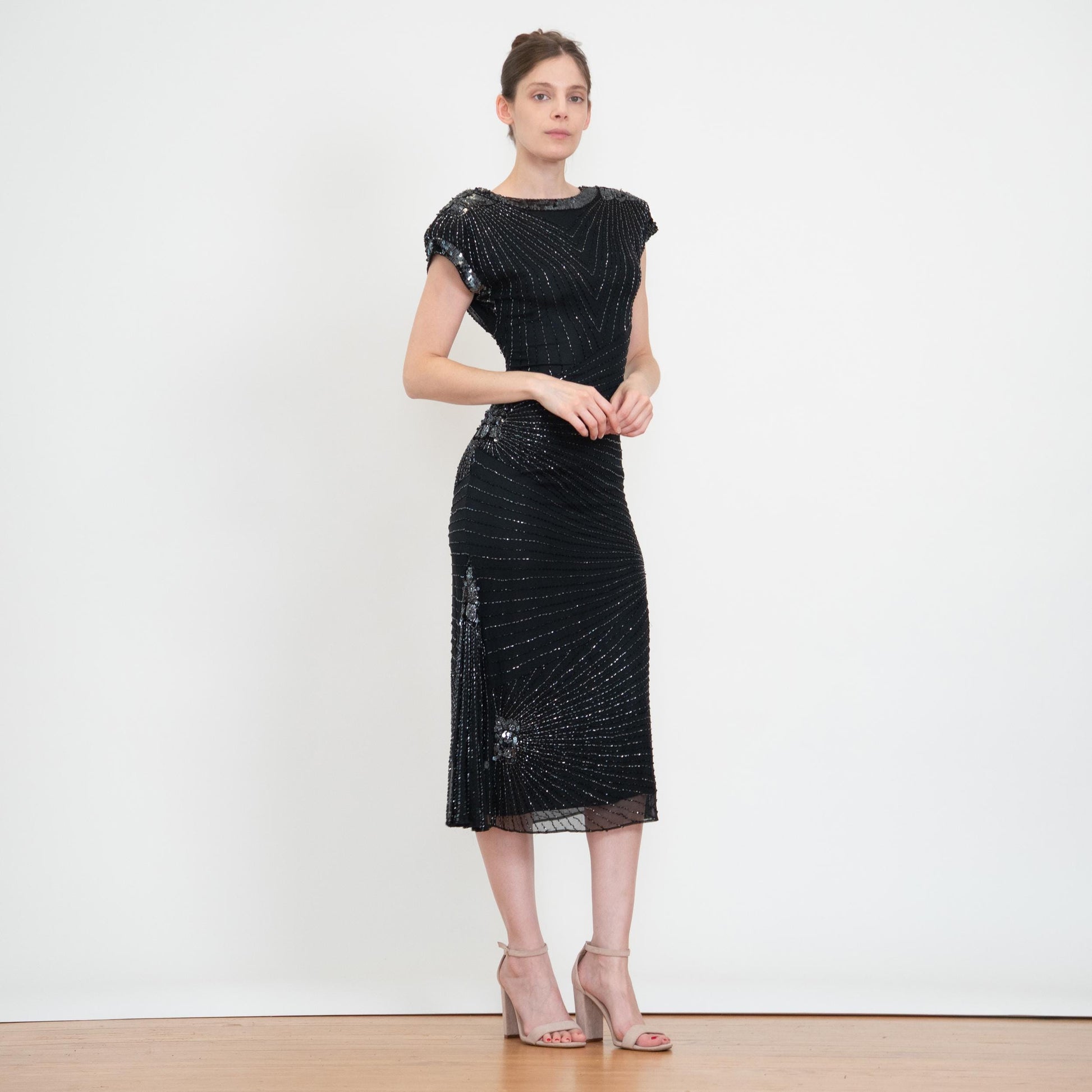Vintage 80s Oleg Cassini Black Silk Beaded Evening Dress - XS to Small | Open Keyhole Back Formal Midi Dress