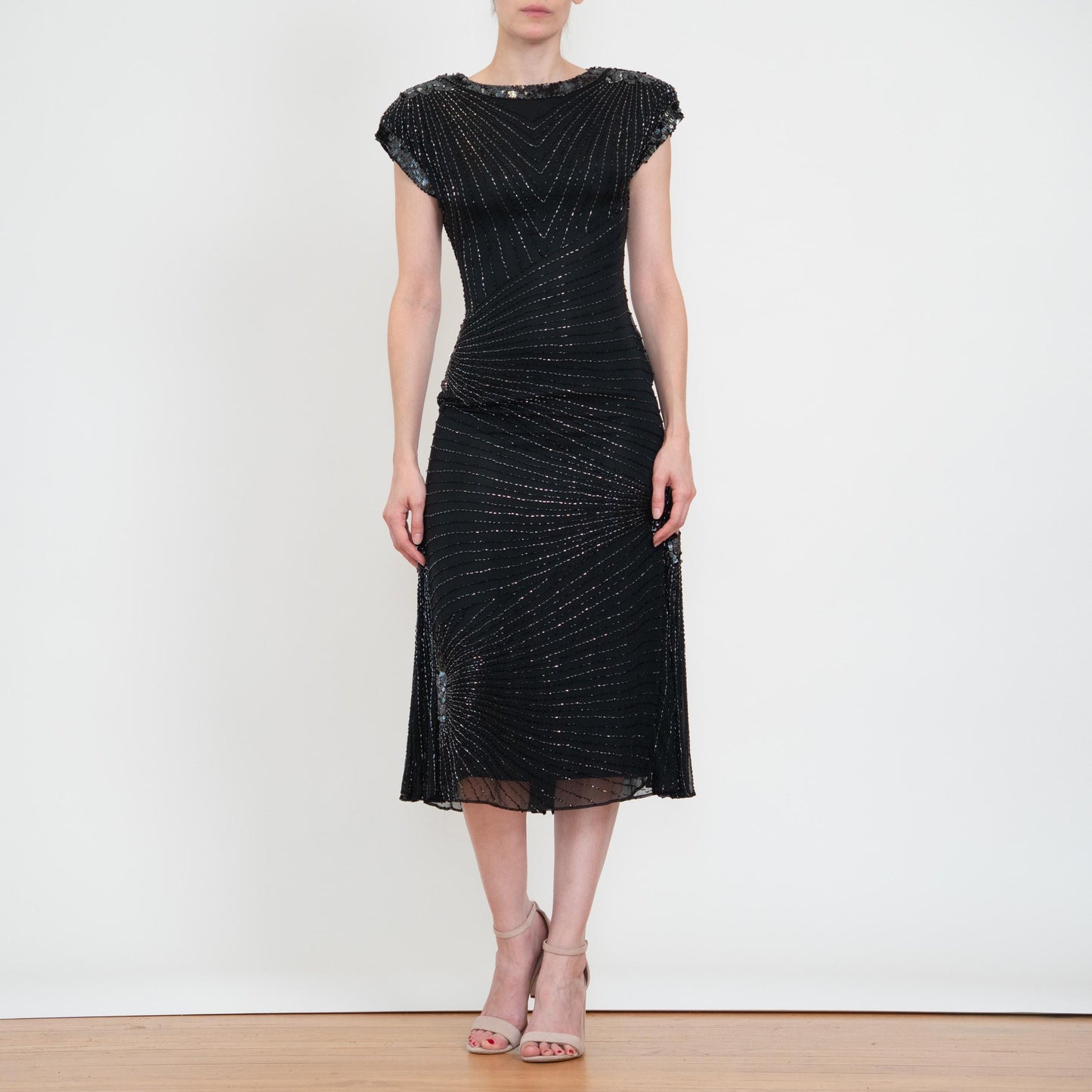 Vintage 80s Oleg Cassini Black Silk Beaded Evening Dress - XS to Small | Open Keyhole Back Formal Midi Dress