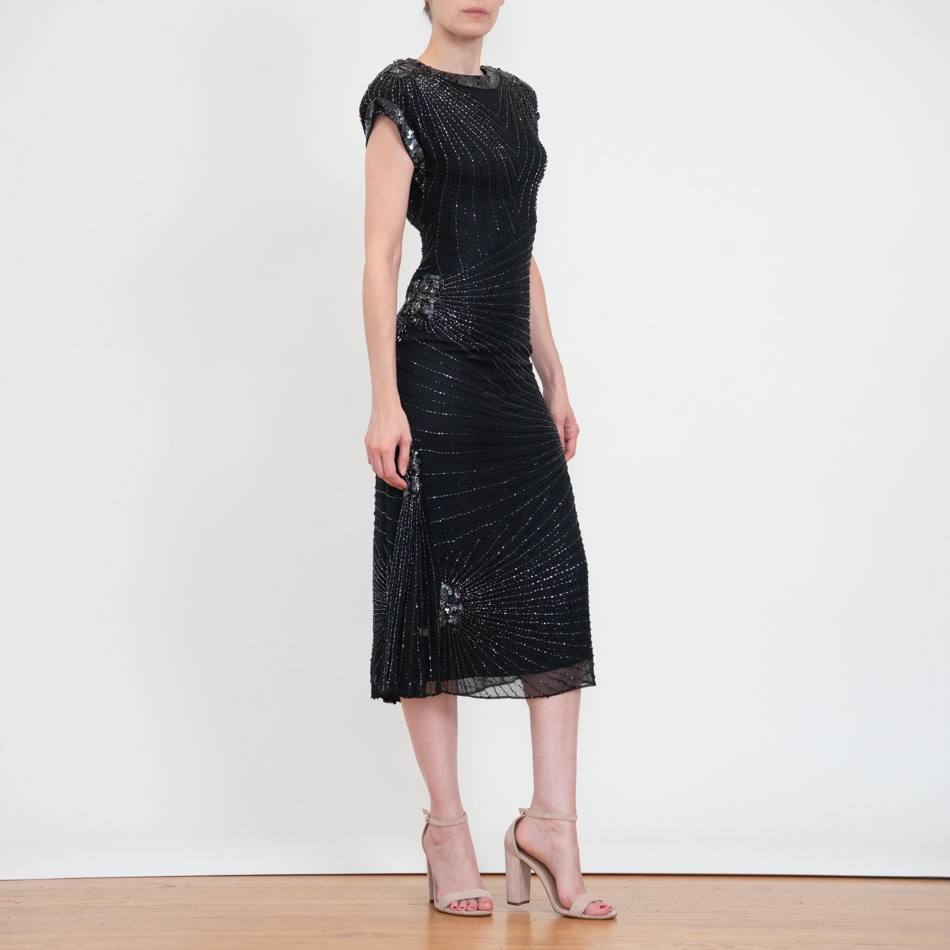 Vintage 80s Oleg Cassini Black Silk Beaded Evening Dress - XS to Small | Open Keyhole Back Formal Midi Dress
