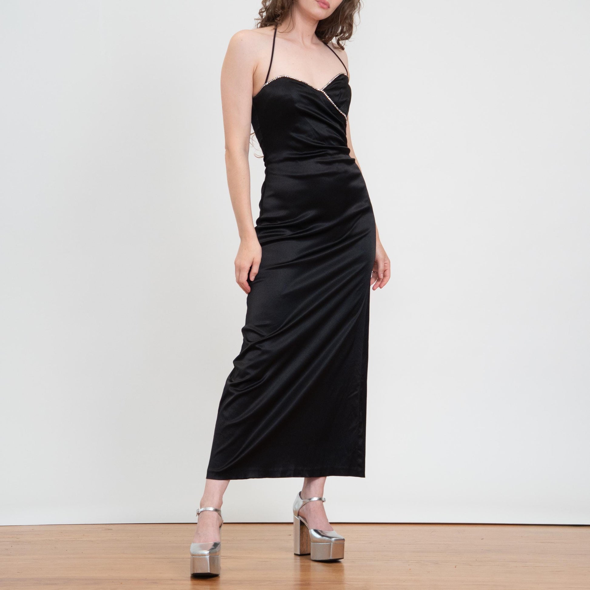 Vintage 90s Betsey Johnson Black Satin Rhinestone Trim Gown - Small | Formal Maxi Halter Evening Dress