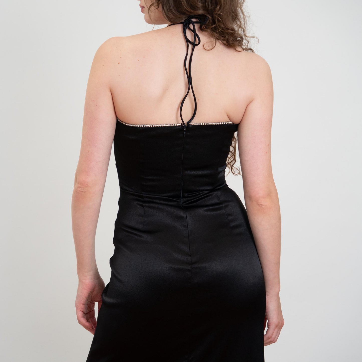 Vintage 90s Betsey Johnson Black Satin Rhinestone Trim Gown - Small | Formal Maxi Halter Evening Dress