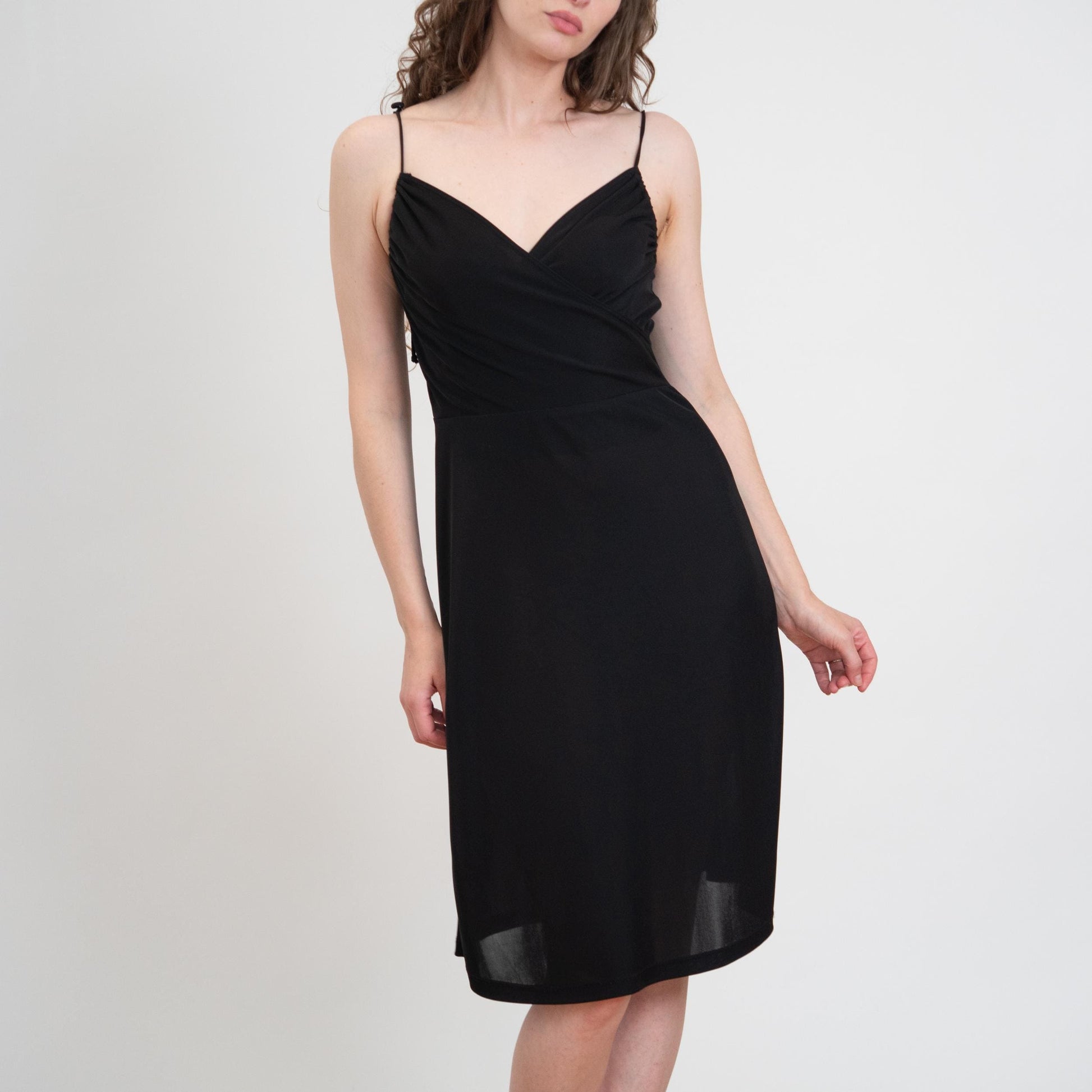 Vintage 90s Black Tie-Strap Party Dress - Medium | Minimalist Spaghetti Strap Midi Dress