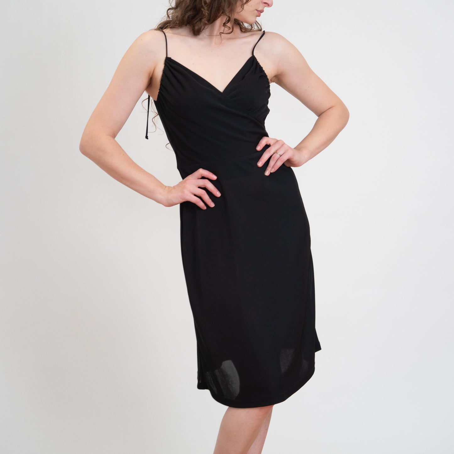 Vintage 90s Black Tie-Strap Party Dress - Medium | Minimalist Spaghetti Strap Midi Dress