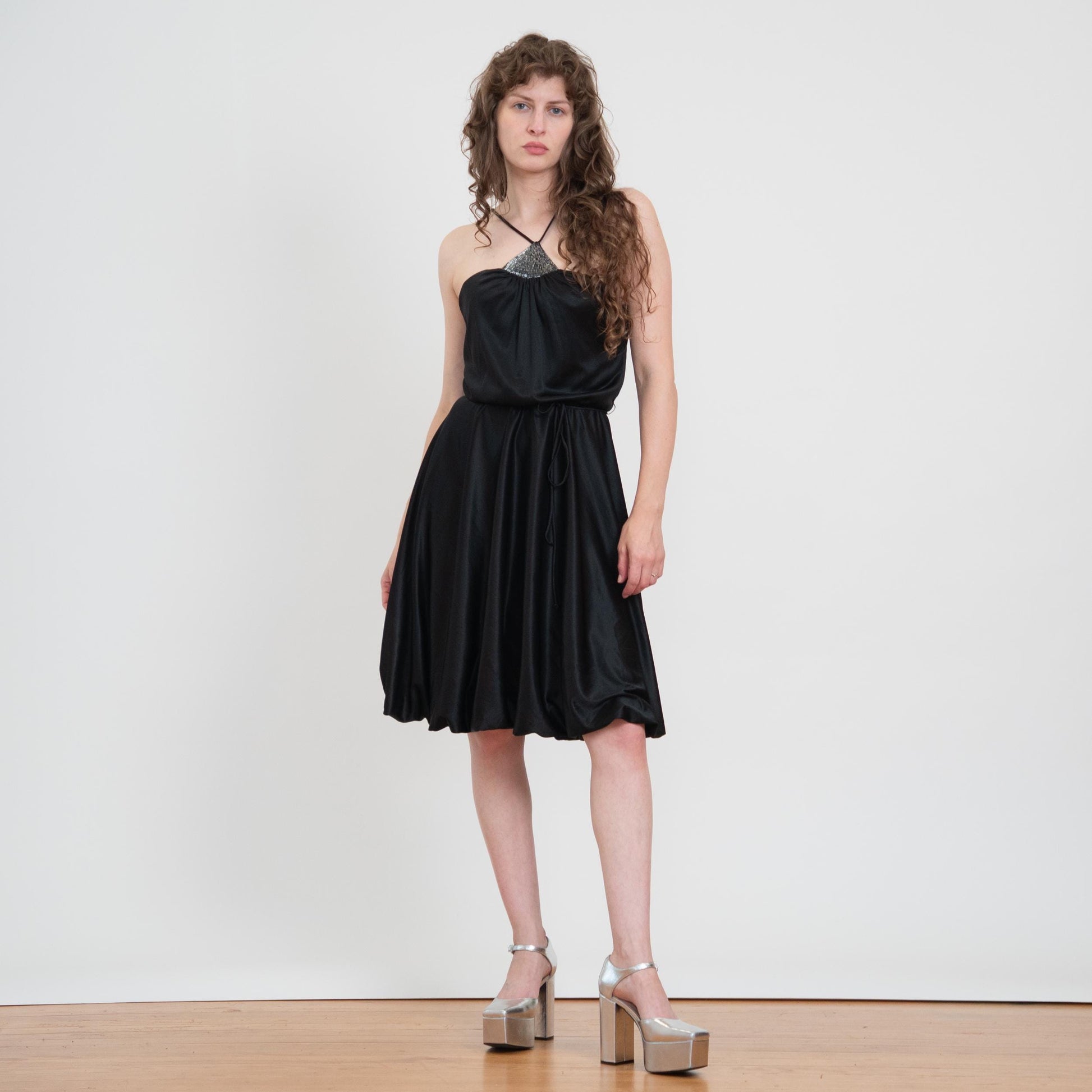 Vintage 70s Black Beaded Bubble Hem Disco Dress