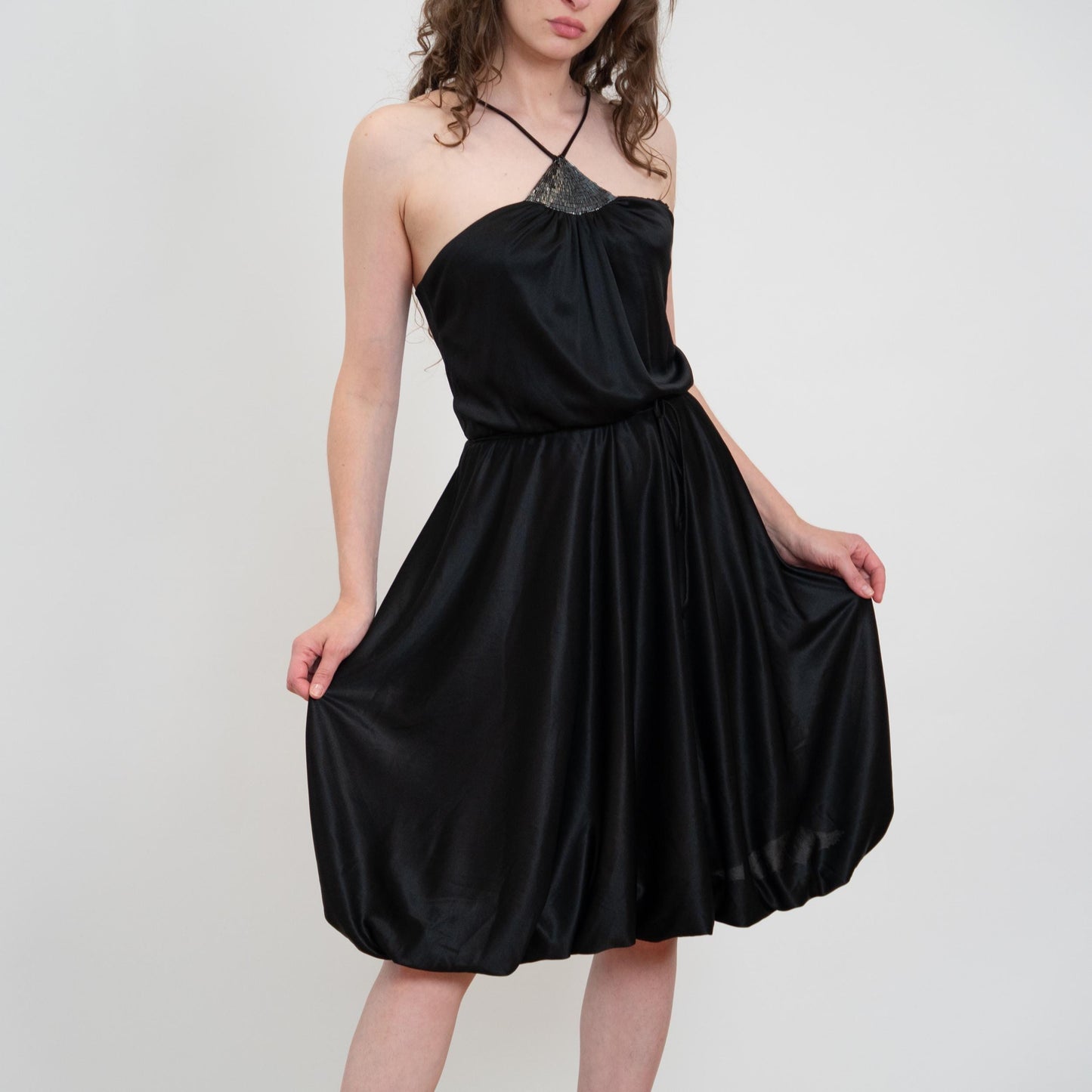 Vintage 70s Black Beaded Bubble Hem Disco Dress - Medium | Halter Neck Mini Party Dress