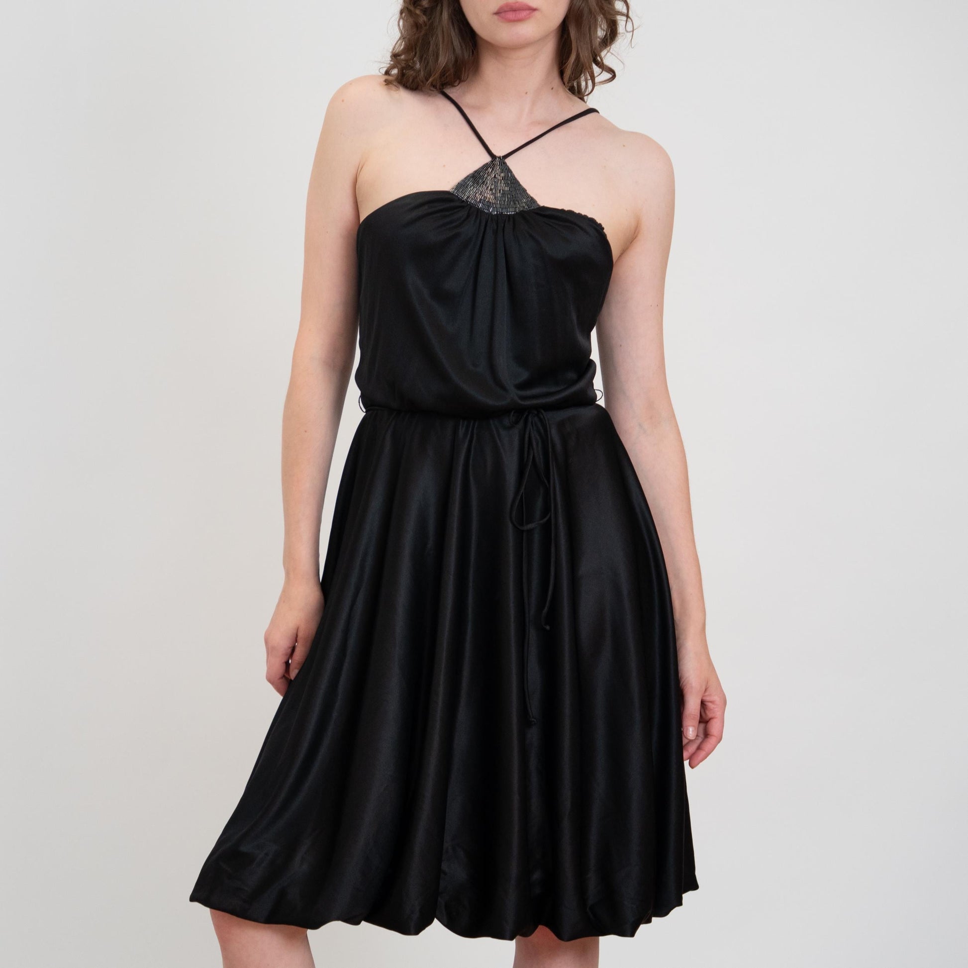 Vintage 70s Black Beaded Bubble Hem Disco Dress - Medium | Halter Neck Mini Party Dress
