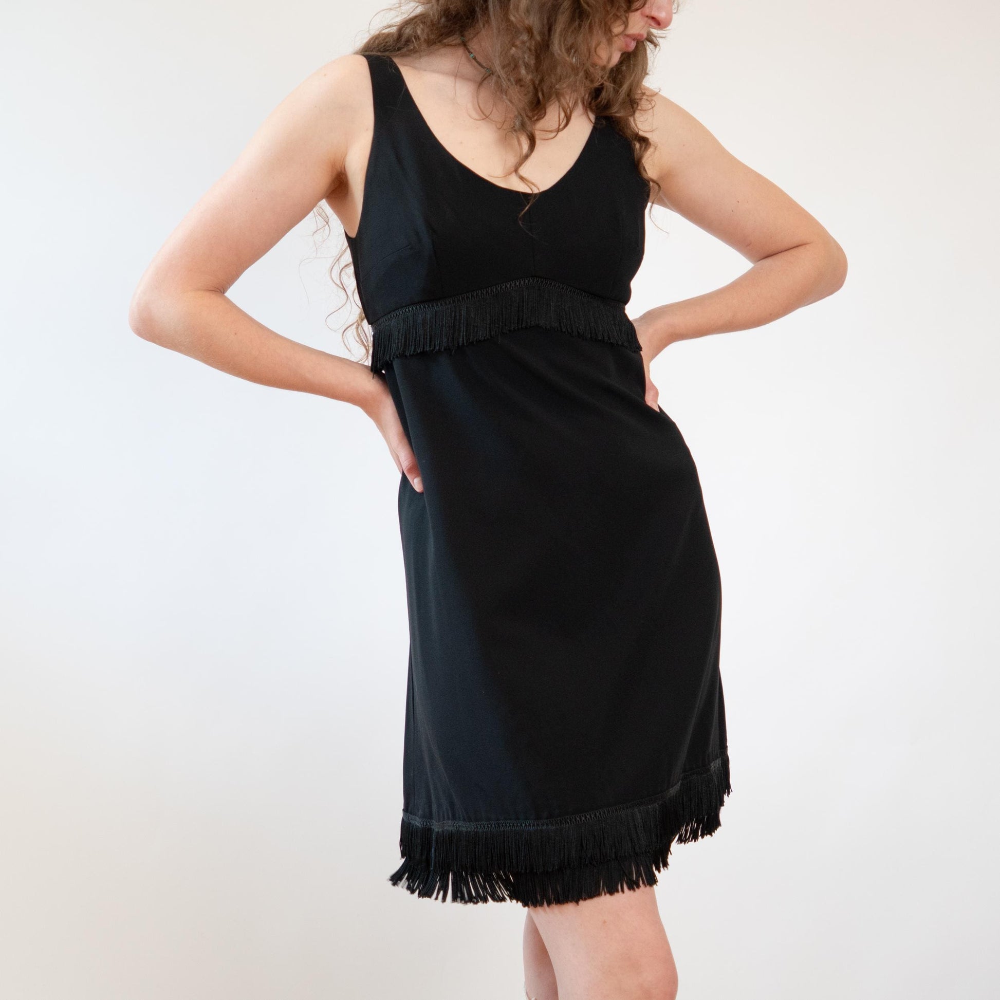 Vintage 70s Black Fringe Mini Party Dress - Large | Retro Flapper Gatsby Party Dress