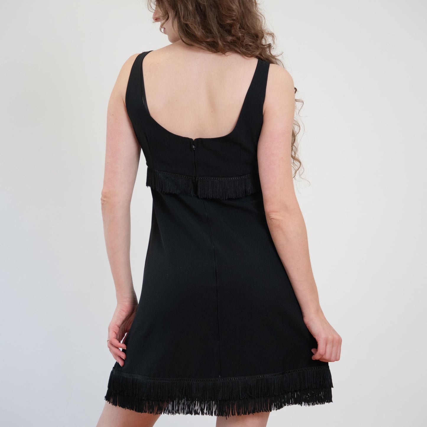 Vintage 70s Black Fringe Mini Party Dress - Large | Retro Flapper Gatsby Party Dress