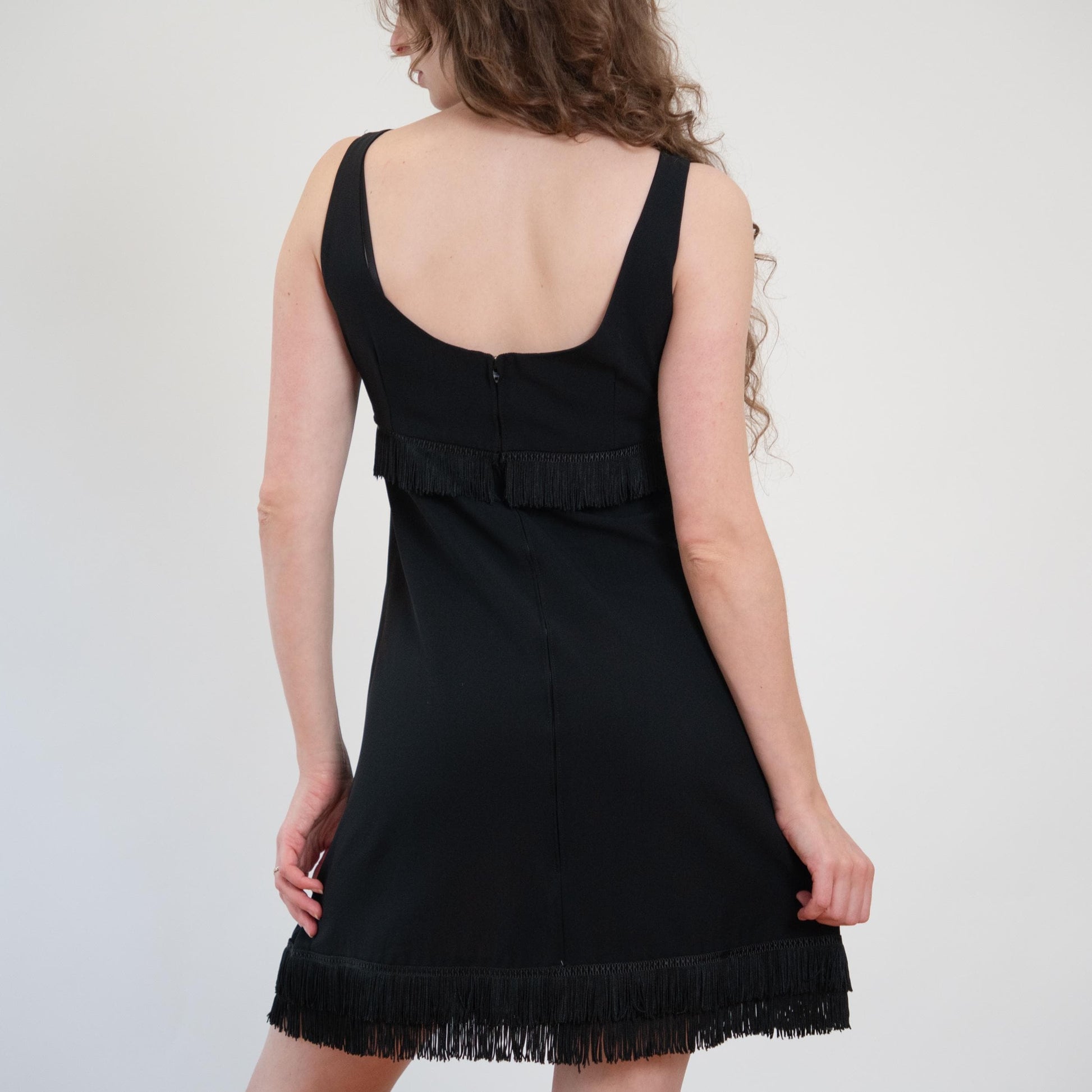 Vintage 70s Black Fringe Mini Party Dress - Large | Retro Flapper Gatsby Party Dress