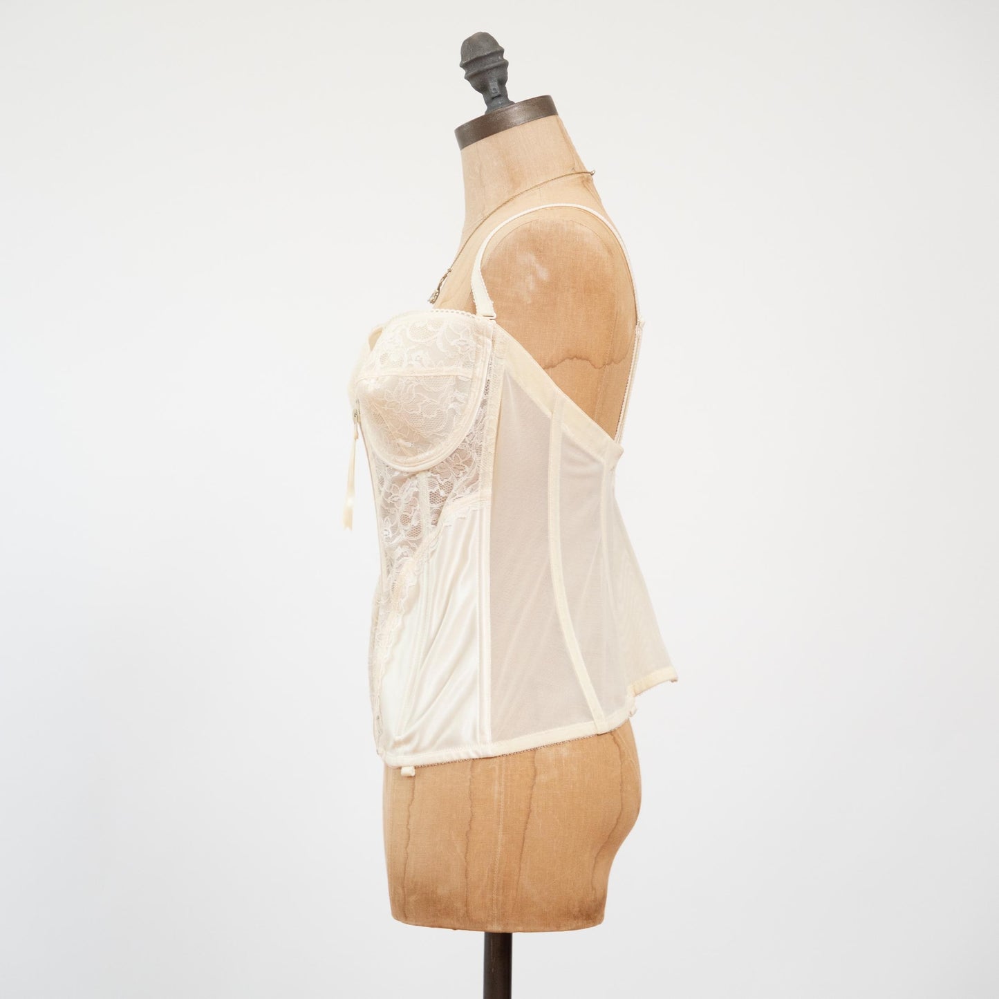 Vintage 80s Ivory Satin & Lace Zip Up Bustier - 38C | Lingerie Longline Garter Corset Top