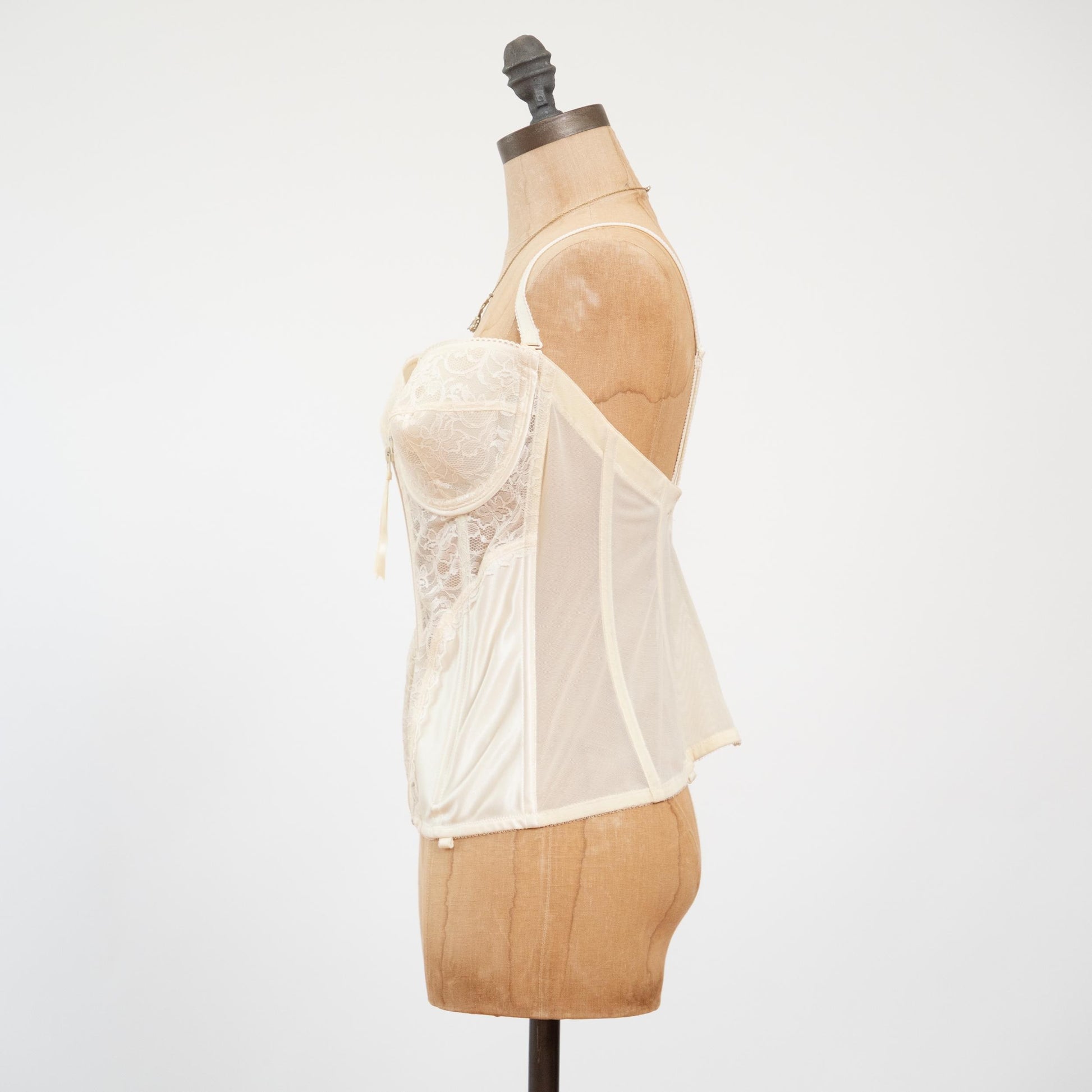 Vintage 80s Ivory Satin & Lace Zip Up Bustier - 38C | Lingerie Longline Garter Corset Top