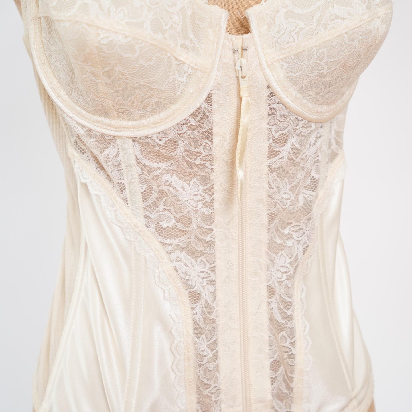 Vintage 80s Ivory Satin & Lace Zip Up Bustier - 38C | Lingerie Longline Garter Corset Top