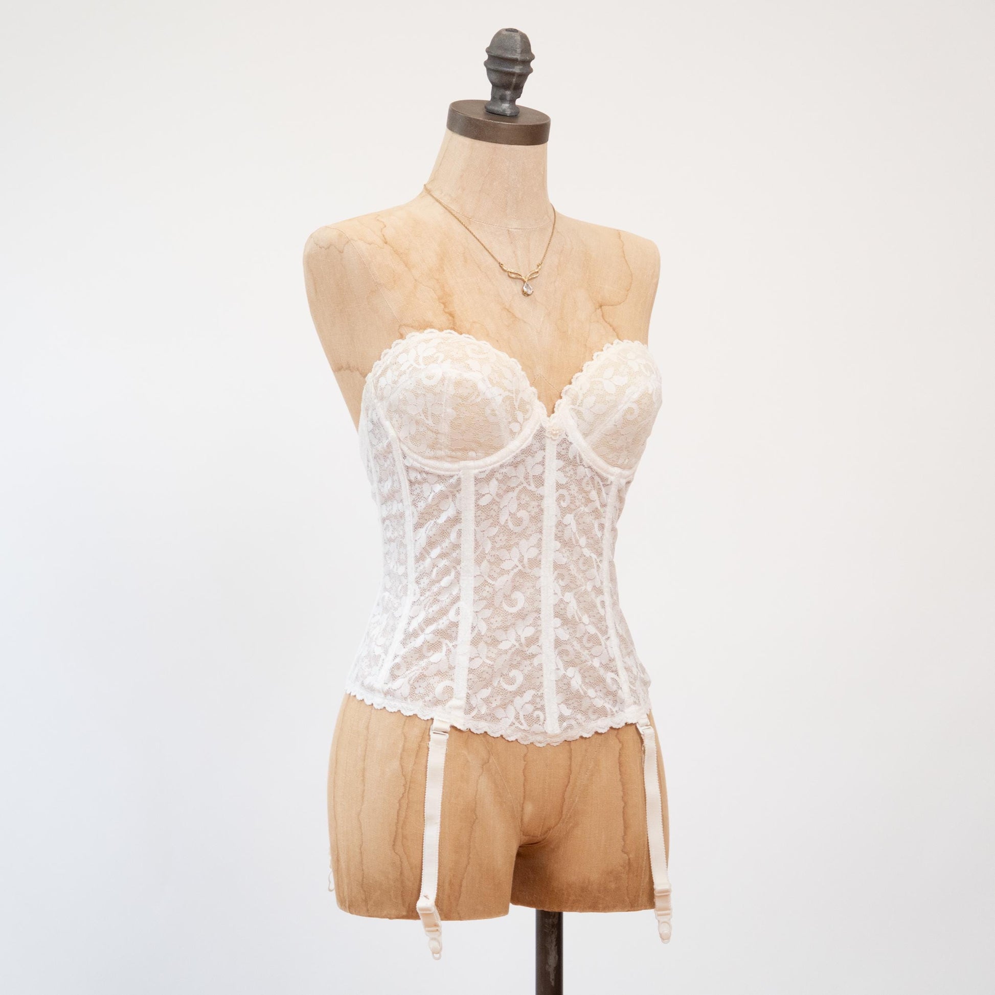 Vintage 70s White Lace Longline Garter Bustier - 34C | Bridal Lingerie Corset Top