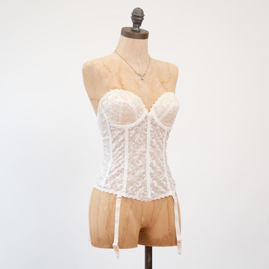 Vintage 70s White Lace Longline Garter Bustier - 34C | Bridal Lingerie Corset Top