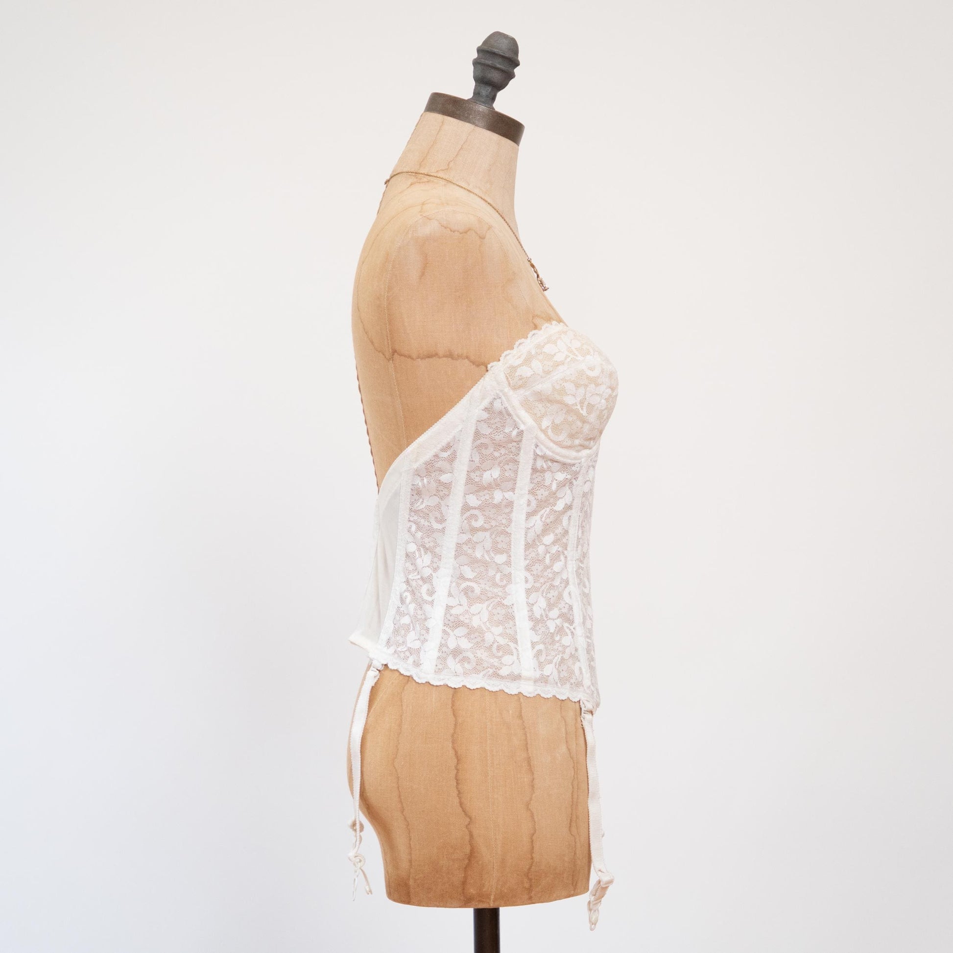 Vintage 70s White Lace Longline Garter Bustier - 34C | Bridal Lingerie Corset Top