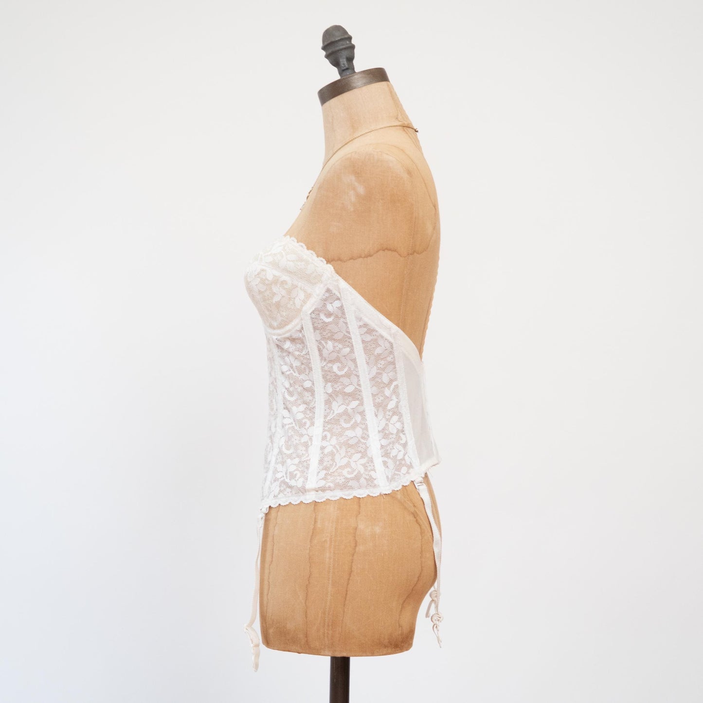 Vintage 70s White Lace Longline Garter Bustier - 34C | Bridal Lingerie Corset Top
