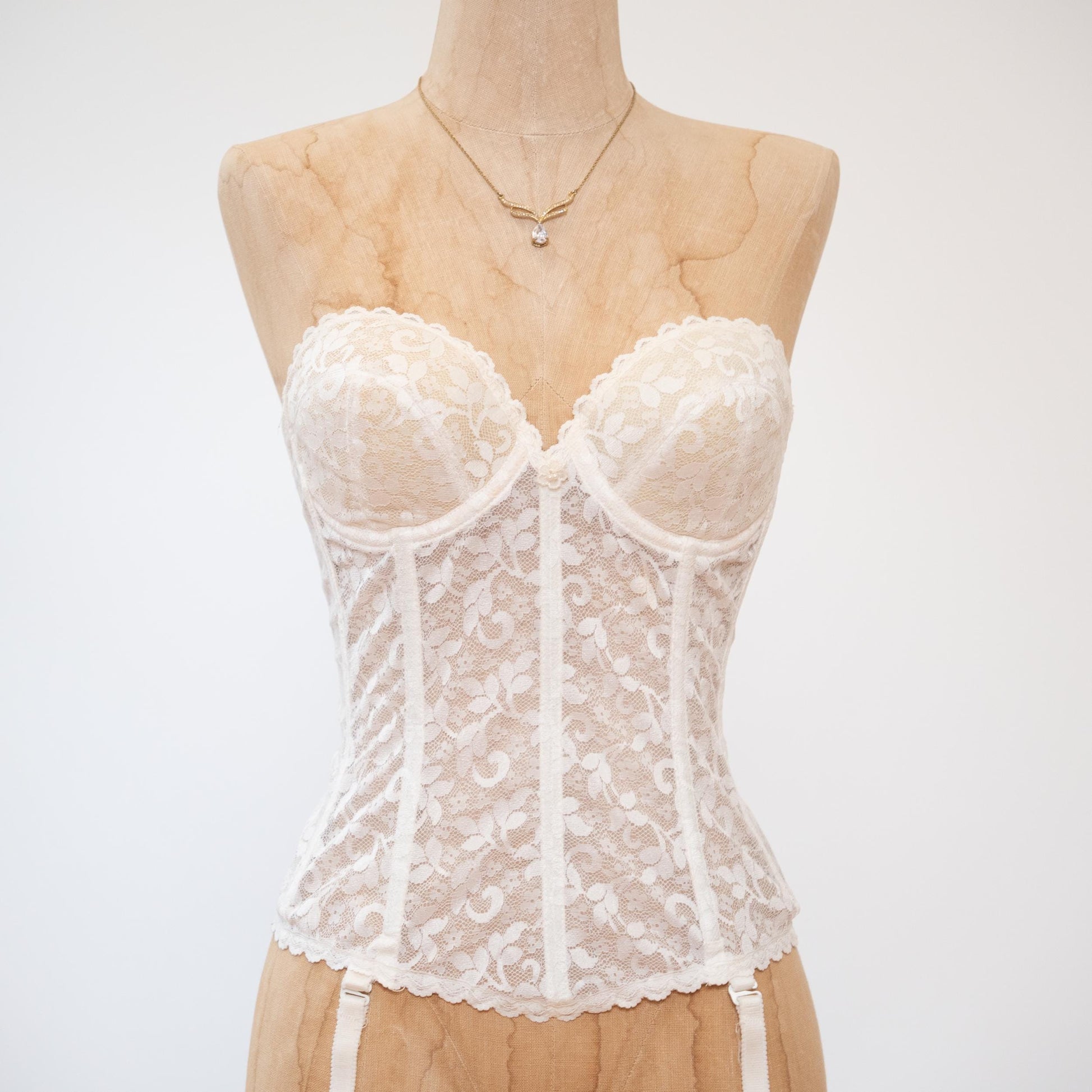 Vintage 70s White Lace Longline Garter Bustier - 34C | Bridal Lingerie Corset Top