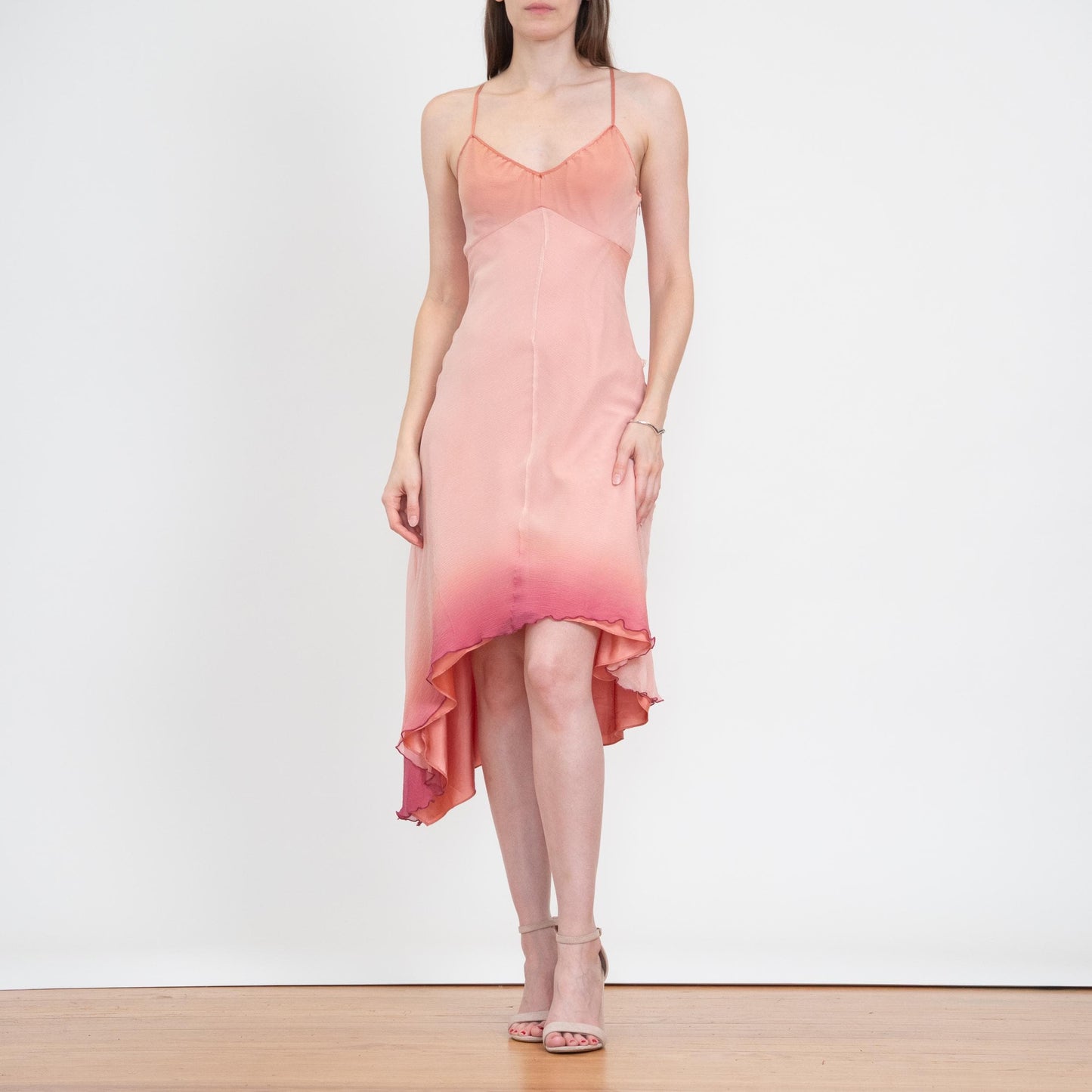 Vintage Y2K Pink Silk Gradient Party Dress - Small | High Low Asymmetrical Hem Midi Dress