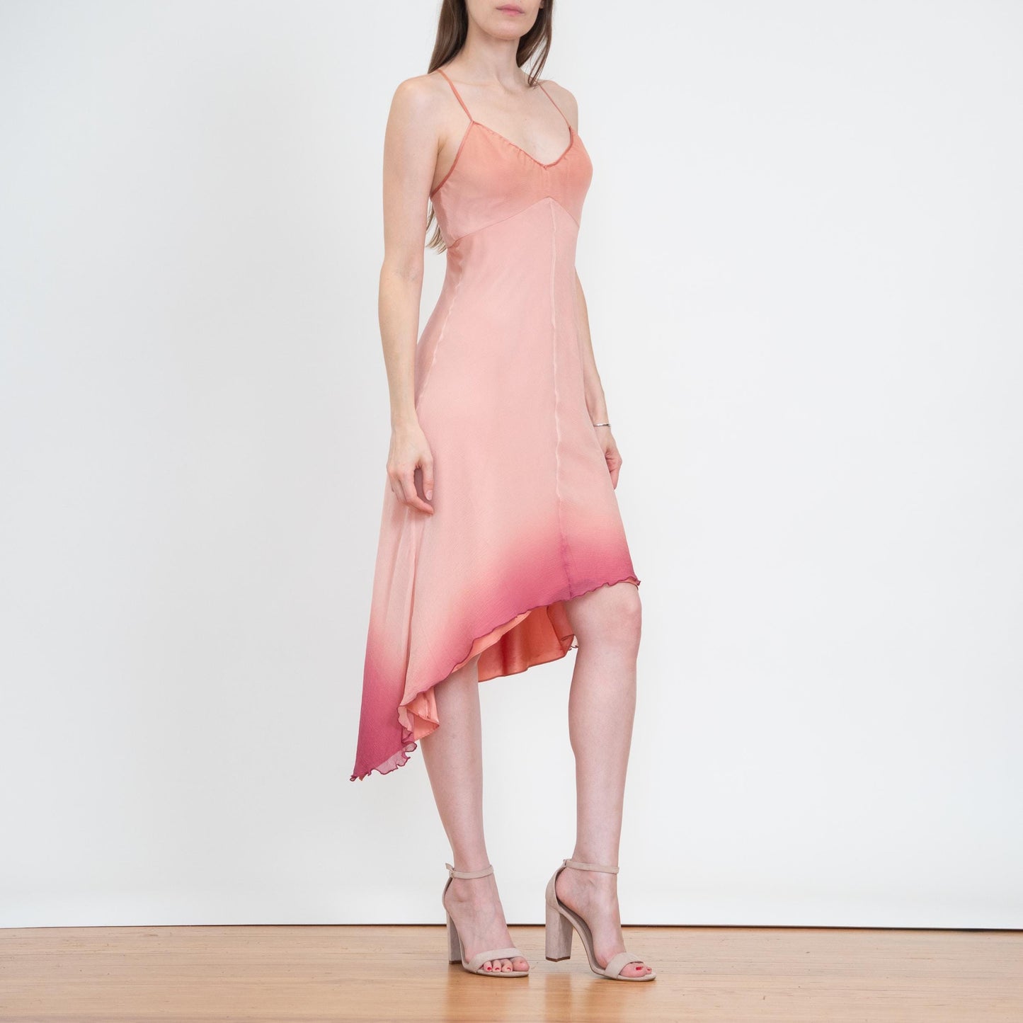 Vintage Y2K Pink Silk Gradient Party Dress - Small | High Low Asymmetrical Hem Midi Dress