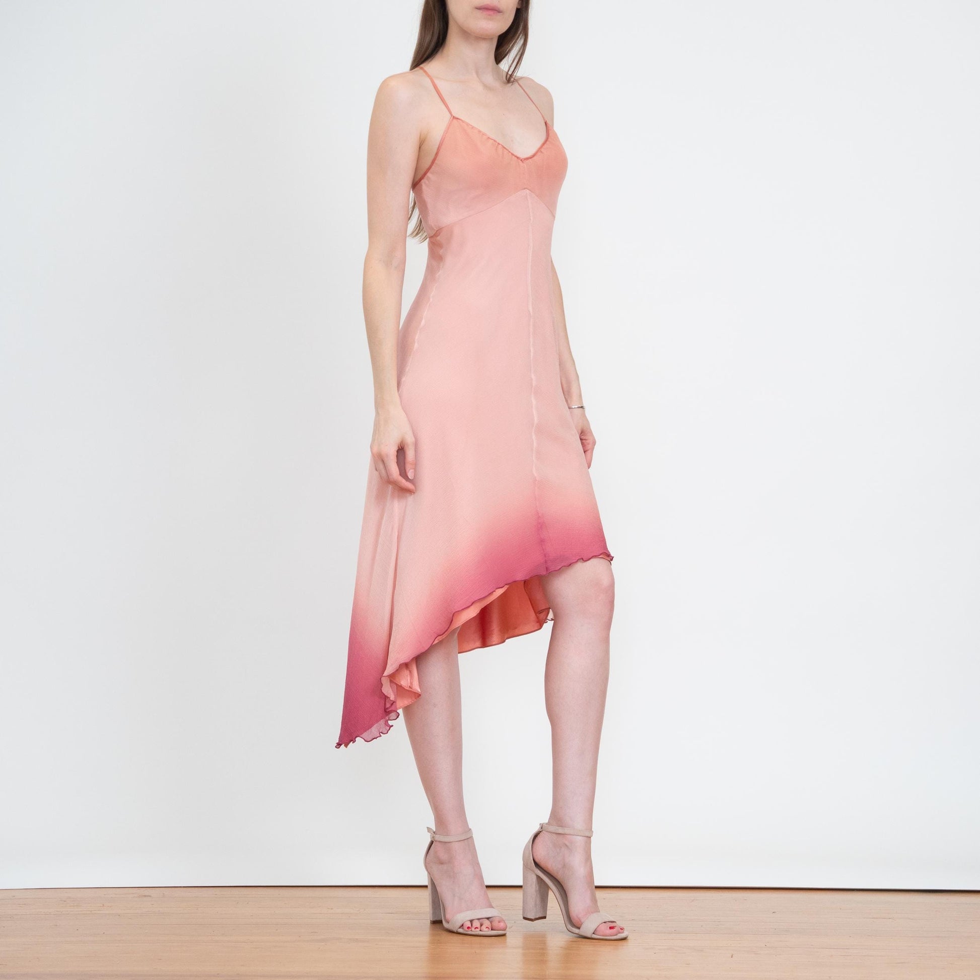 Vintage Y2K Pink Silk Gradient Party Dress - Small | High Low Asymmetrical Hem Midi Dress