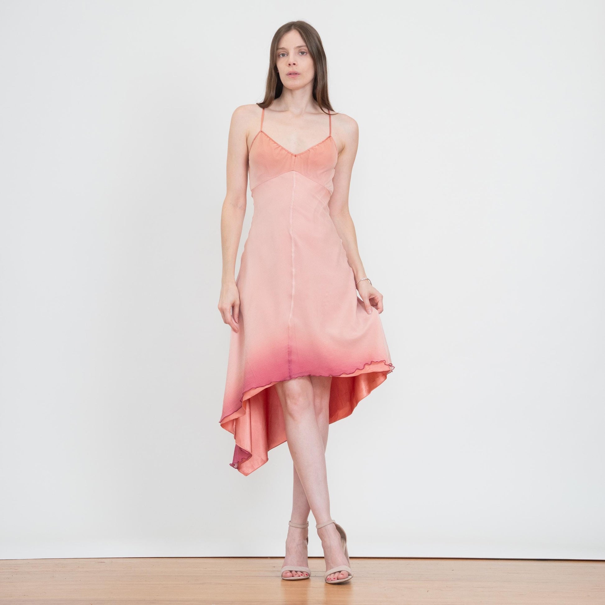 Vintage Y2K Pink Silk Gradient Party Dress - Small | High Low Asymmetrical Hem Midi Dress