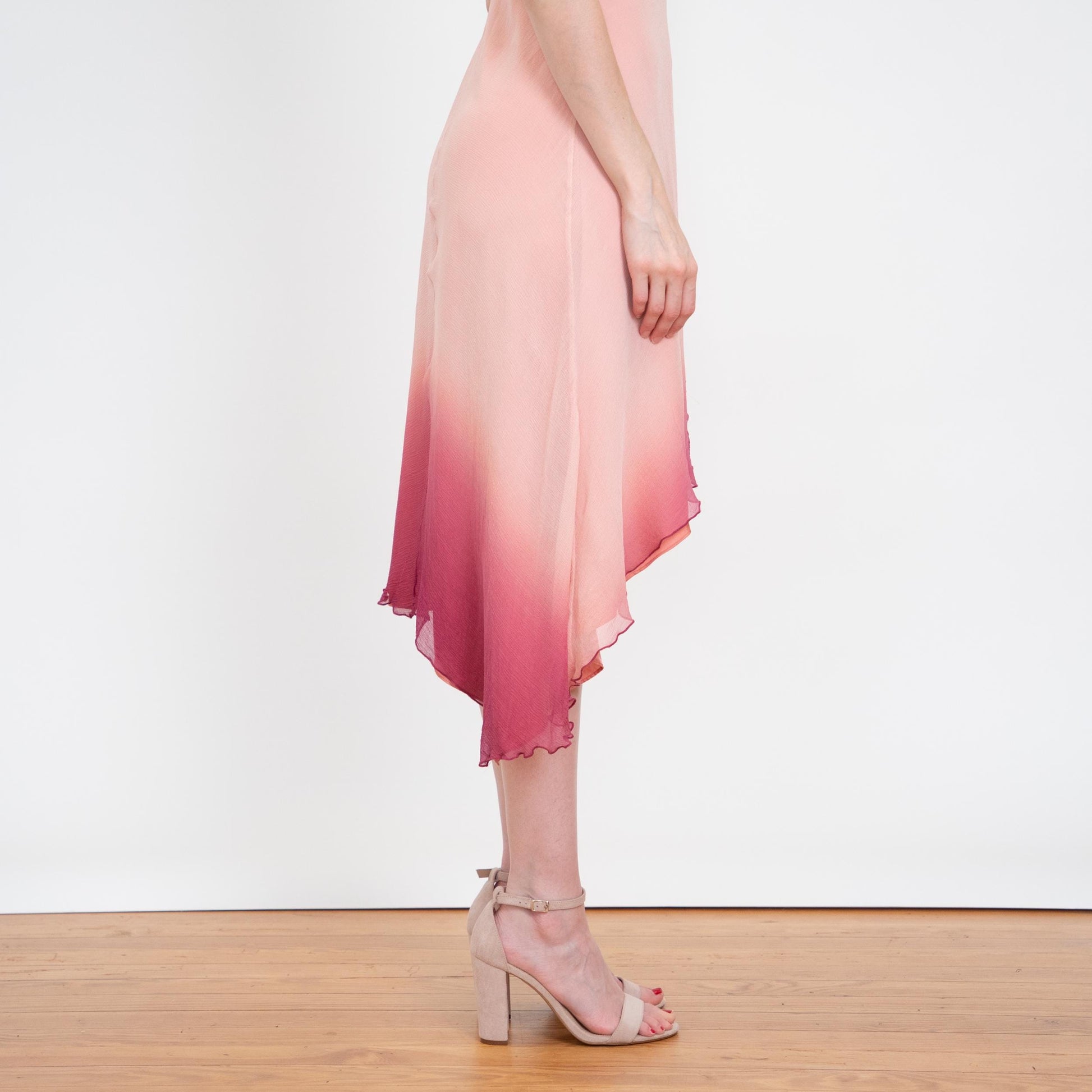 Vintage Y2K Pink Silk Gradient Party Dress - Small | High Low Asymmetrical Hem Midi Dress