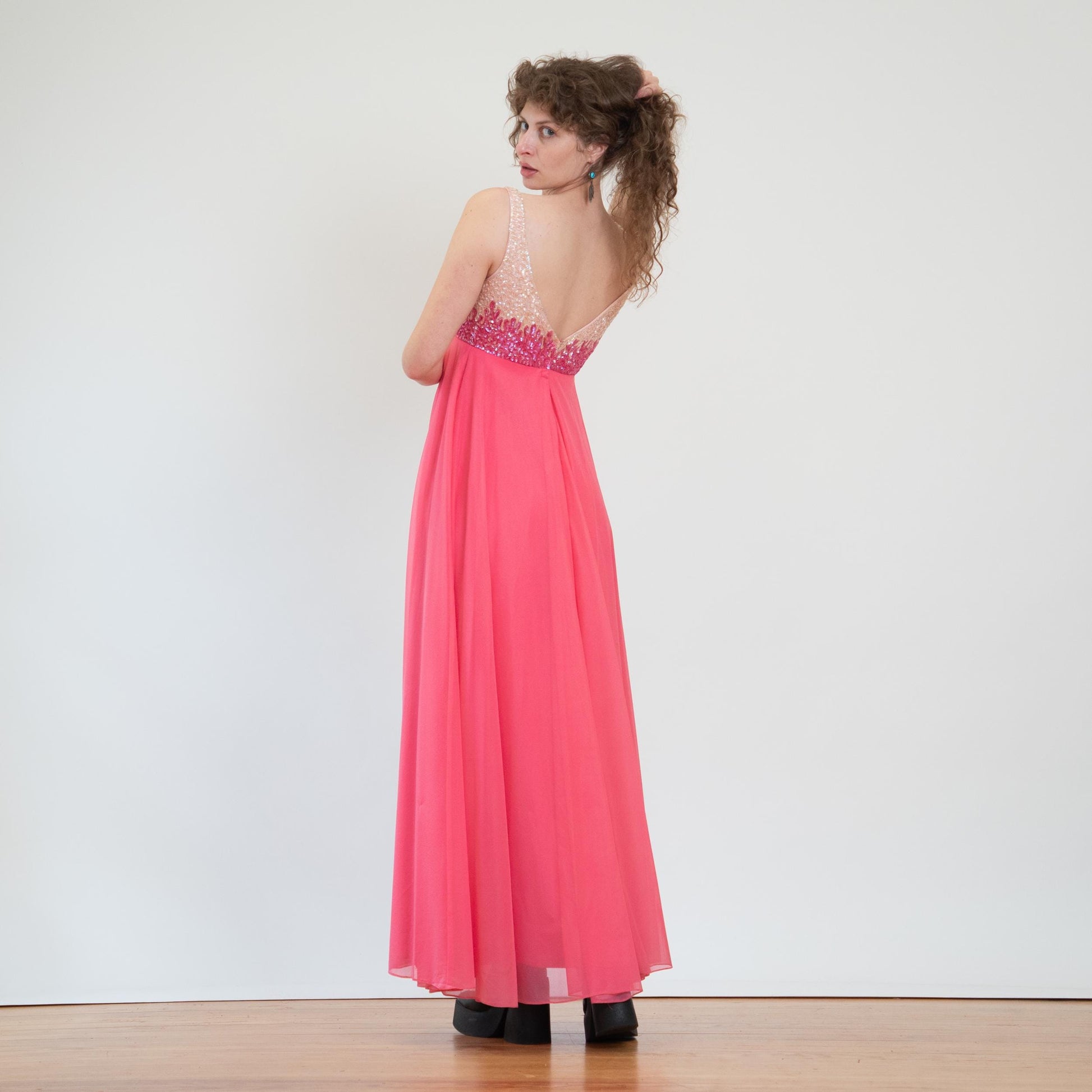 Vintage 70s Mike Benet Hot Pink Chiffon & Sequin Gown - Medium | Formal Low Back Prom Dress