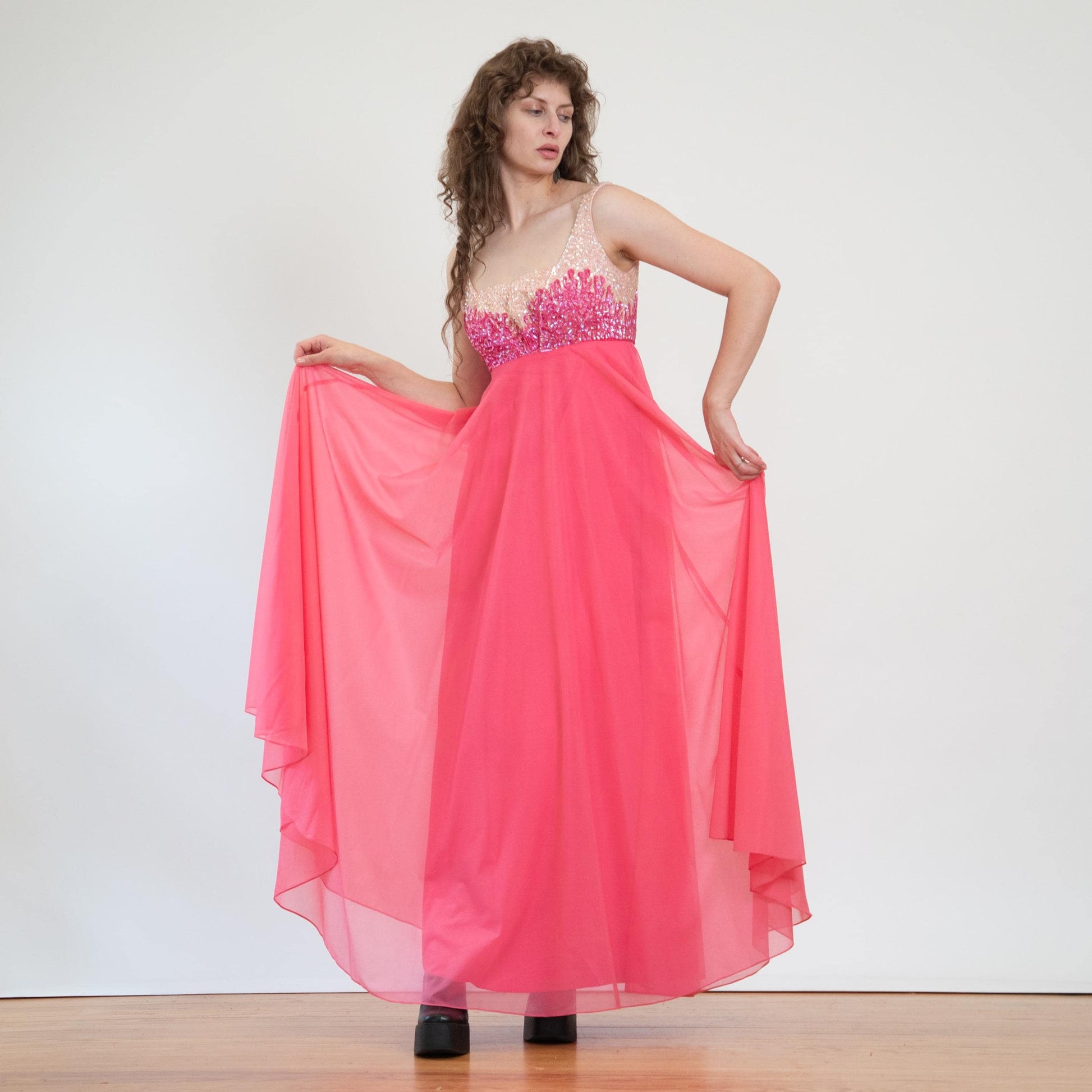 Vintage 70s Mike Benet Hot Pink Chiffon & Sequin Gown