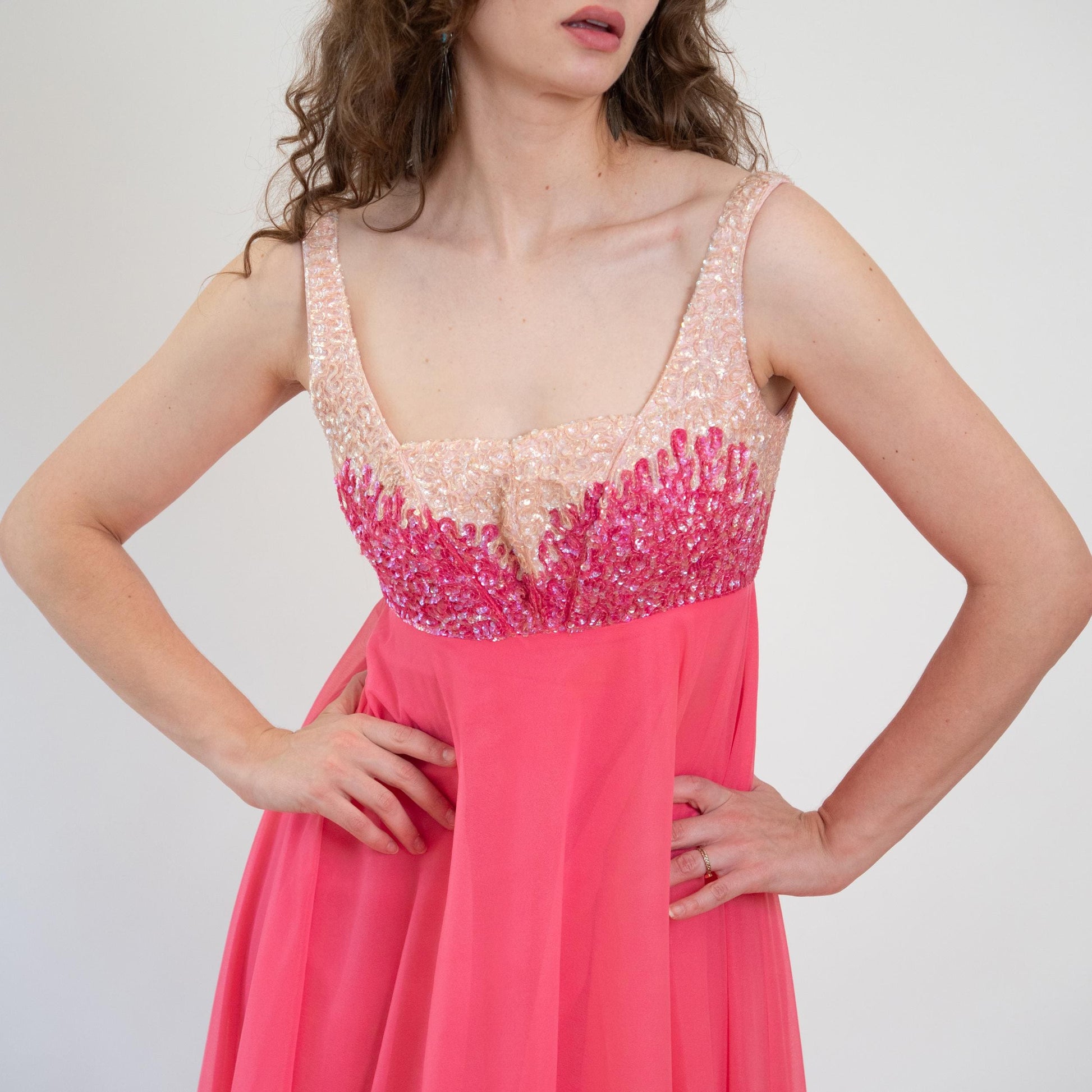 Vintage 70s Mike Benet Hot Pink Chiffon & Sequin Gown - Medium | Formal Low Back Prom Dress