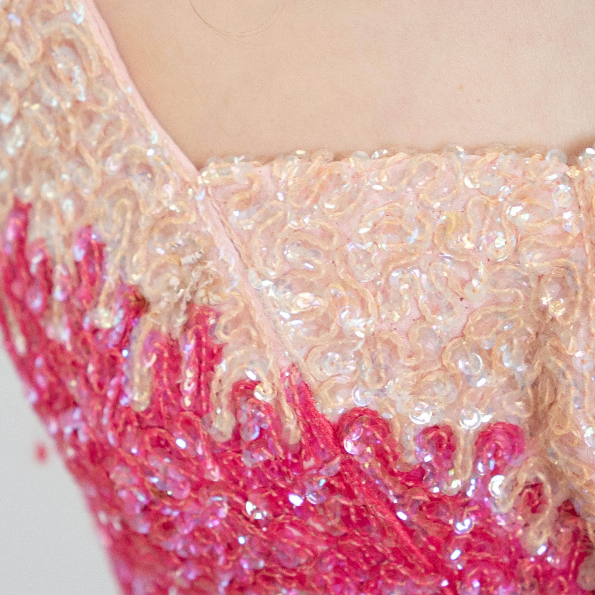 Vintage 70s Mike Benet Hot Pink Chiffon & Sequin Gown - Medium | Formal Low Back Prom Dress