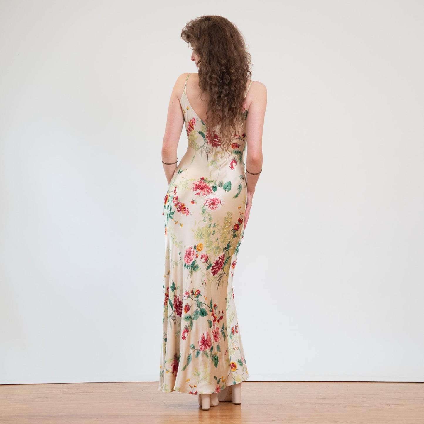 Vintage Y2K Cache Champagne Floral Silk Beaded Gown - Medium | Formal Maxi Prom Party Dress, Wedding Guest Dress