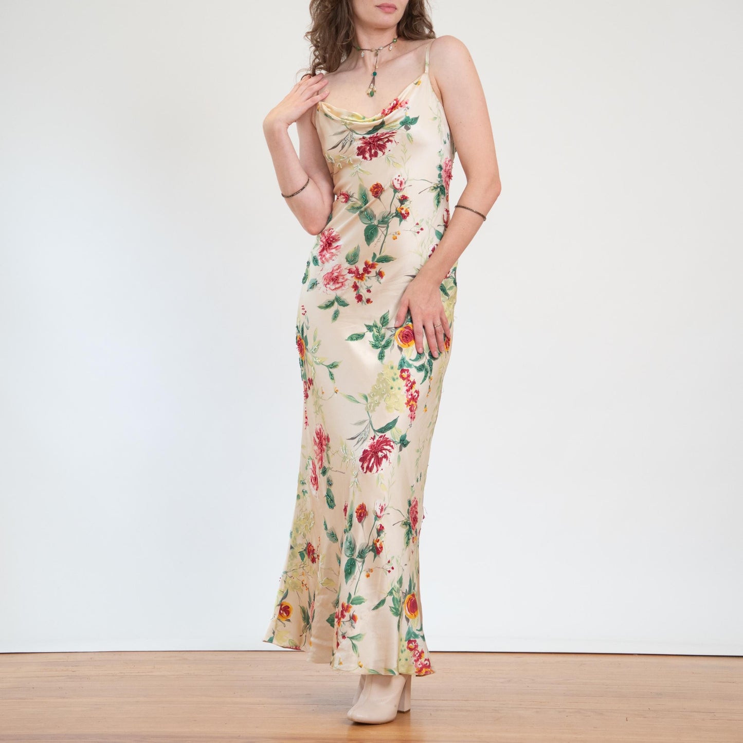Vintage Y2K Cache Champagne Floral Silk Beaded Gown - Medium | Formal Maxi Prom Party Dress, Wedding Guest Dress