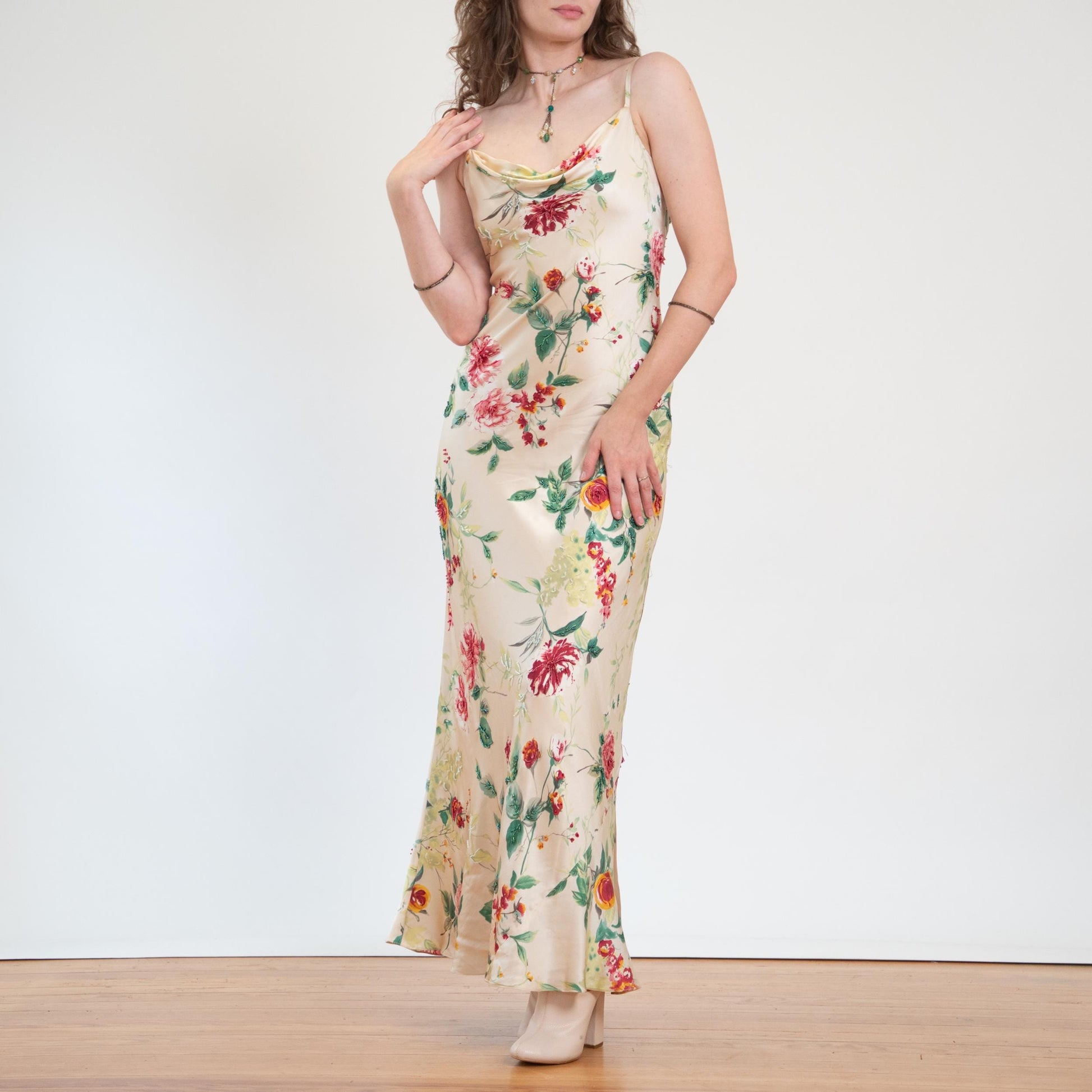 Vintage Y2K Cache Champagne Floral Silk Beaded Gown - Medium | Formal Maxi Prom Party Dress, Wedding Guest Dress