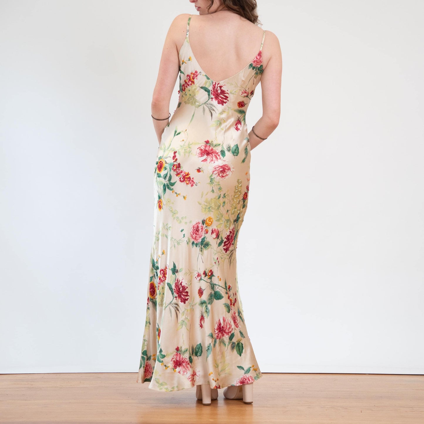 Vintage Y2K Cache Champagne Floral Silk Beaded Gown - Medium | Formal Maxi Prom Party Dress, Wedding Guest Dress