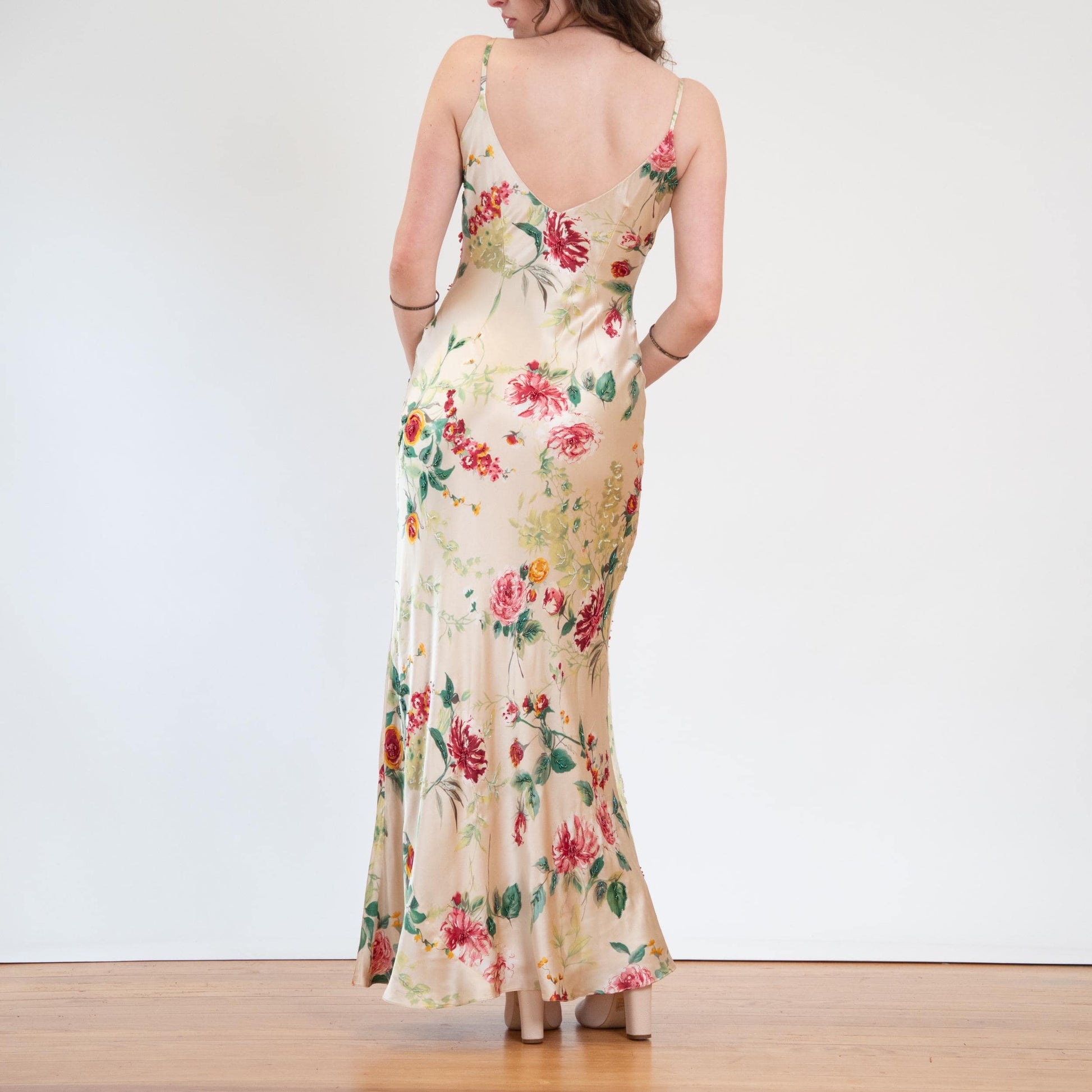 Vintage Y2K Cache Champagne Floral Silk Beaded Gown - Medium | Formal Maxi Prom Party Dress, Wedding Guest Dress