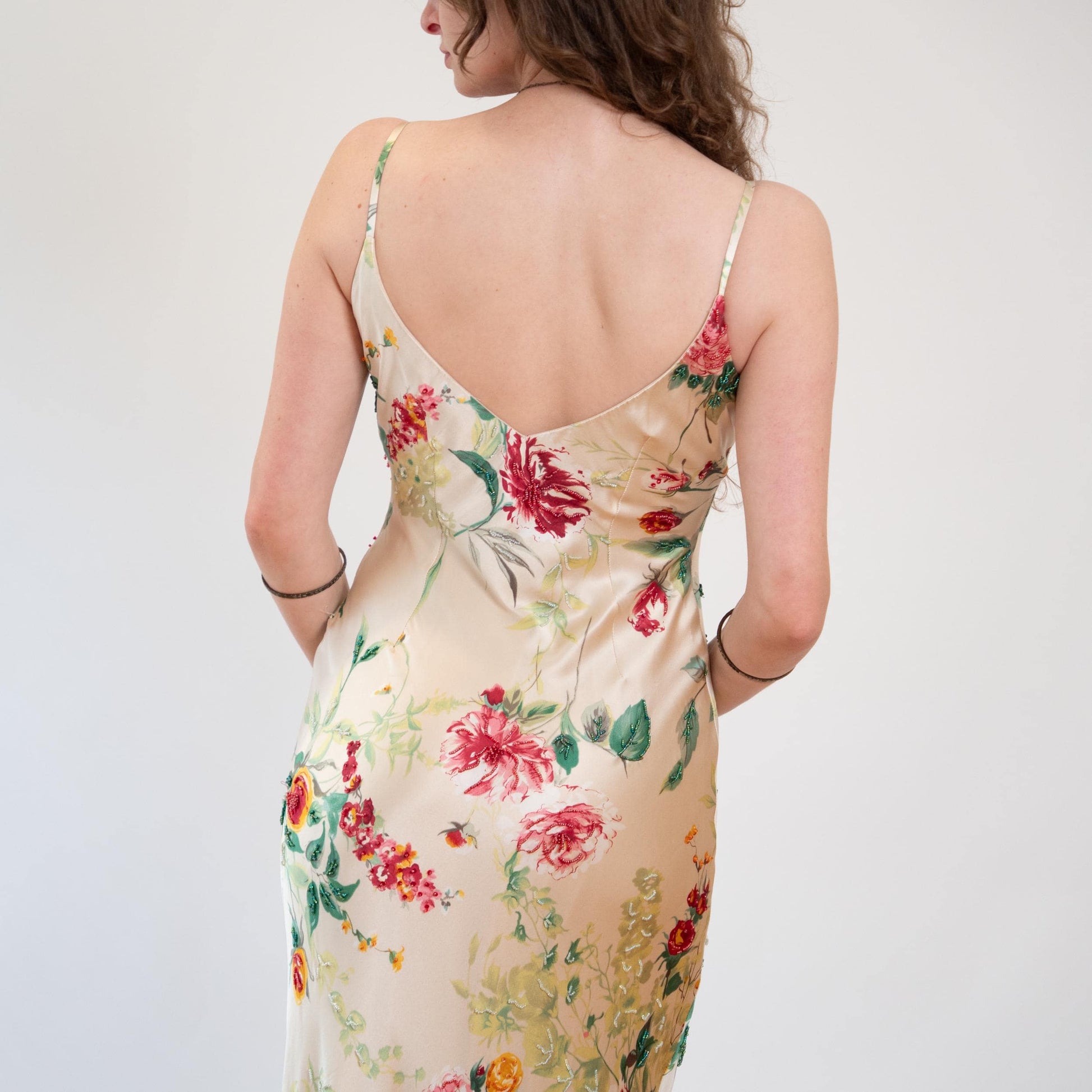 Vintage Y2K Cache Champagne Floral Silk Beaded Gown