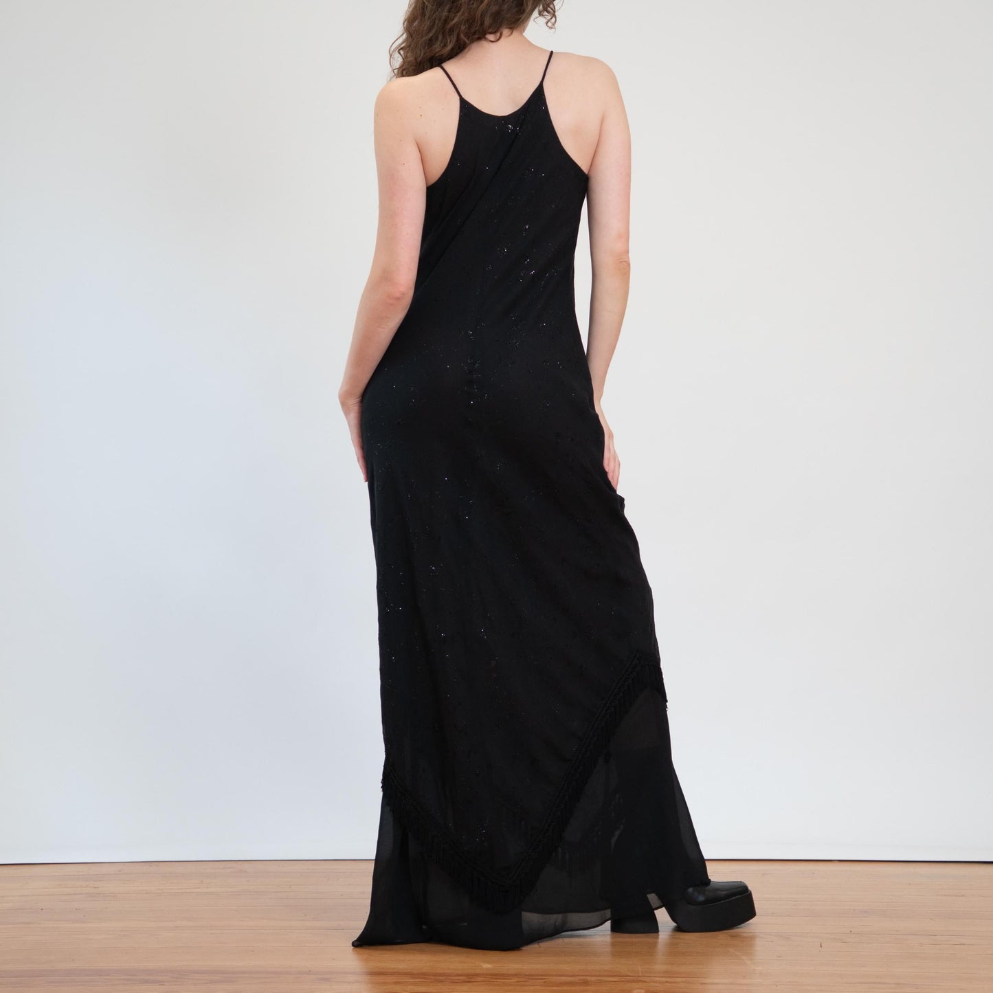 Vintage 90s Witchy Black Fringe Hem Maxi Dress - Large to XL Tall | Sleeveless Sparkle Flocked Floral Evening Gown