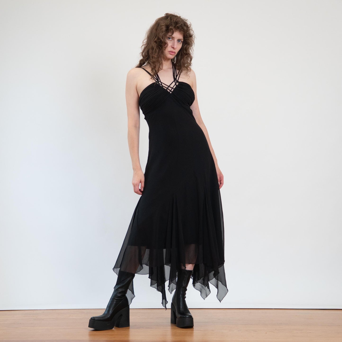Vintage 90s Black Fairy Goth Maxi Dress - Extra Large | Witchy Scarf Hem Party Dress
