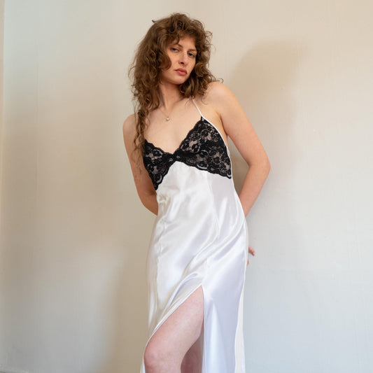 Vintage 90s Victoria's Secret Black & White Maxi Slip Dress - Medium | Satin Lace Goth Bridal Lingerie Nightgown