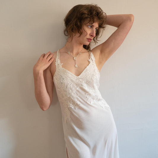 Vintage Y2K White Crochet Floral Maxi Slip Dress - Medium | Boho Bridal Lingerie Nightgown
