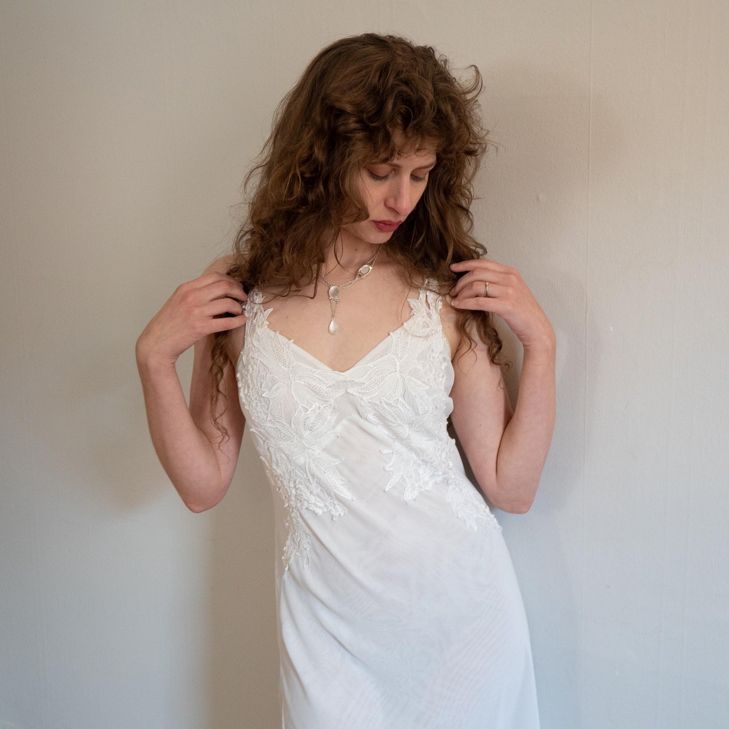 Vintage Y2K White Crochet Floral Maxi Slip Dress - Medium | Boho Bridal Lingerie Nightgown