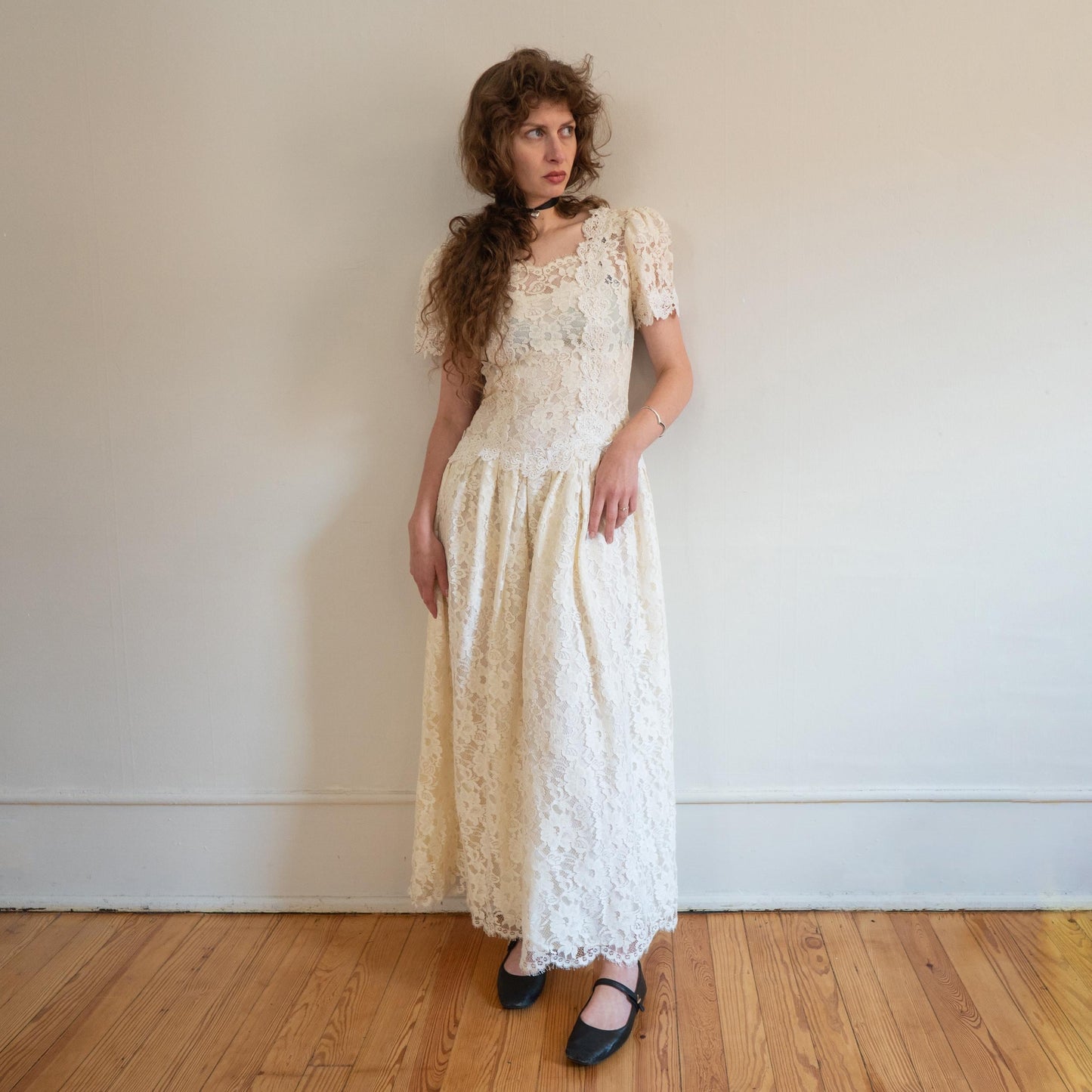 Vintage 80s Cachet by Bari Protas Ivory Lace Wedding Dress - Medium | Drop Waist Puff Sleeve Bridal Gown