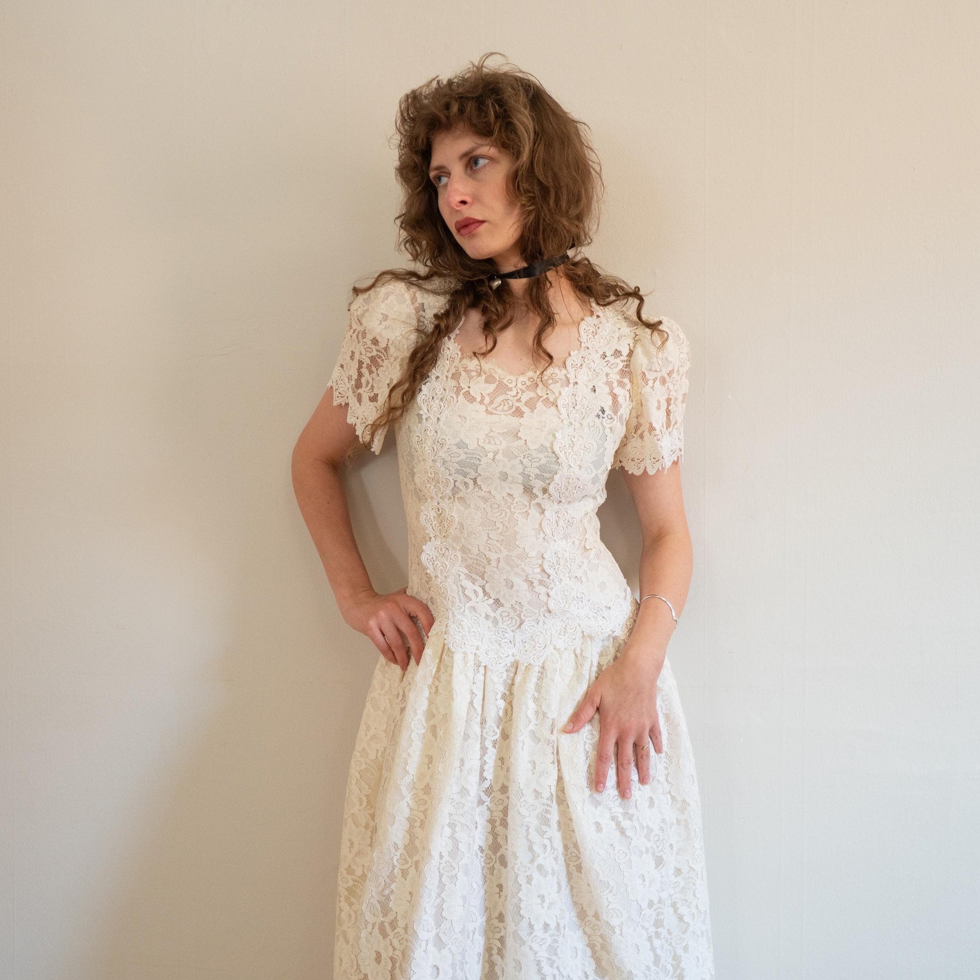 Vintage 80s Cachet by Bari Protas Ivory Lace Wedding Dress - Medium | Drop Waist Puff Sleeve Bridal Gown