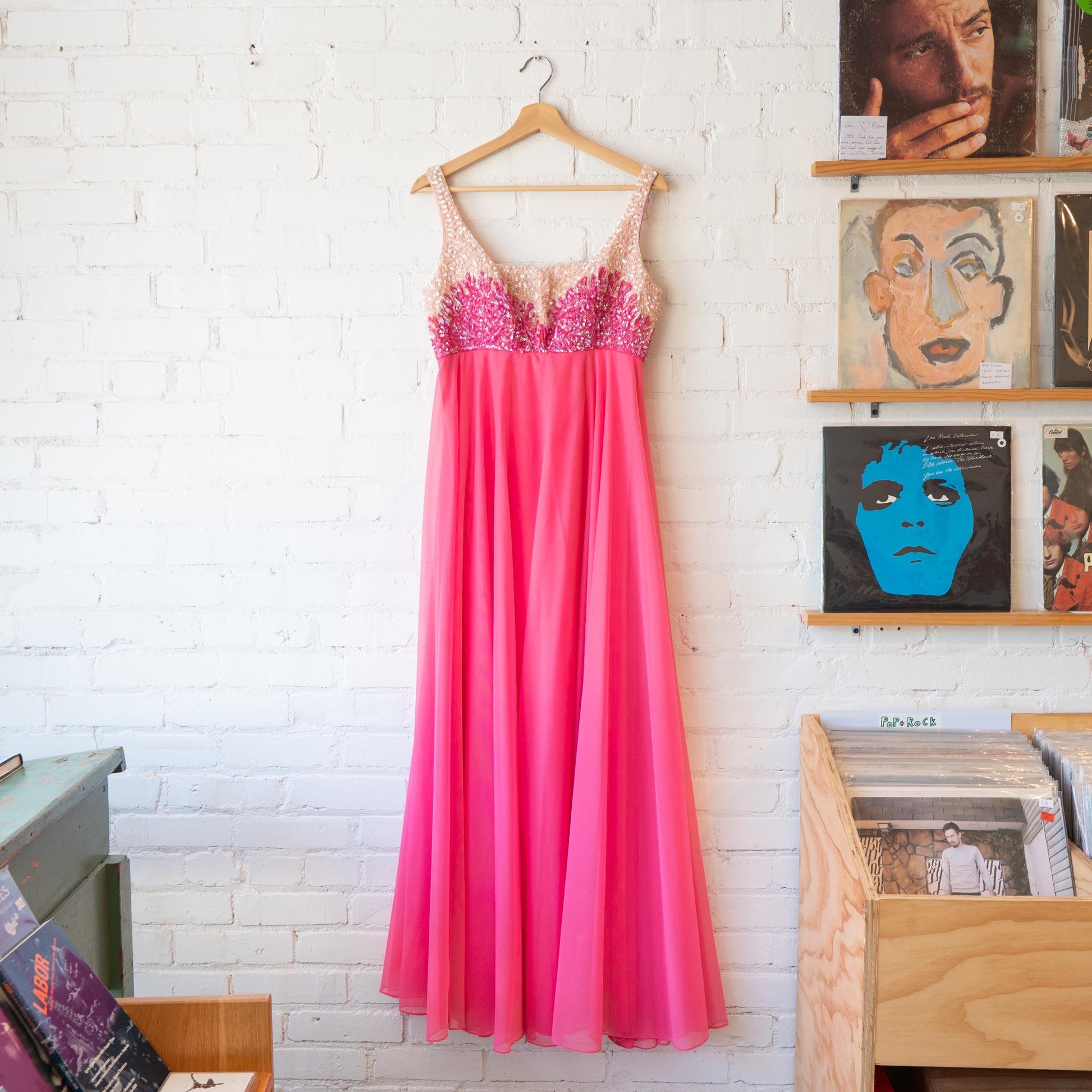 Vintage 70s Mike Benet Hot Pink Chiffon & Sequin Gown - Medium | Formal Low Back Prom Dress