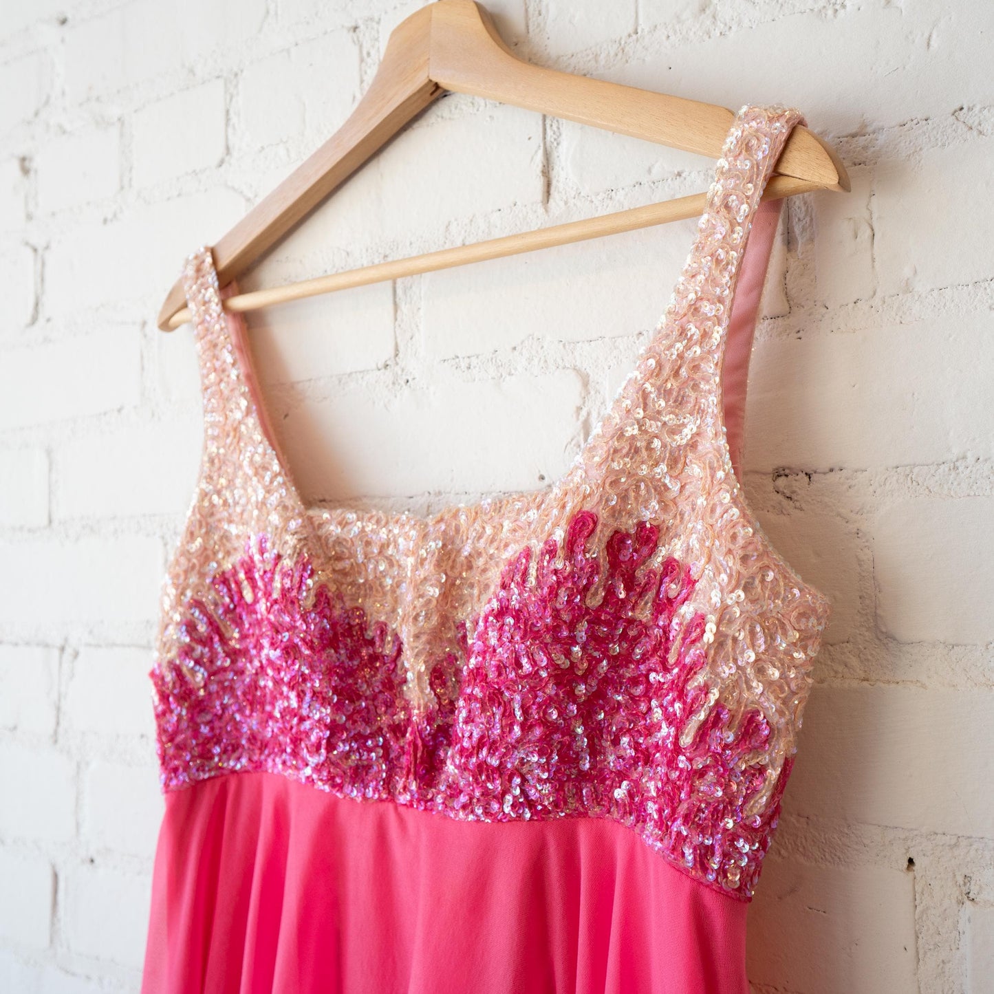 Vintage 70s Mike Benet Hot Pink Chiffon & Sequin Gown - Medium | Formal Low Back Prom Dress